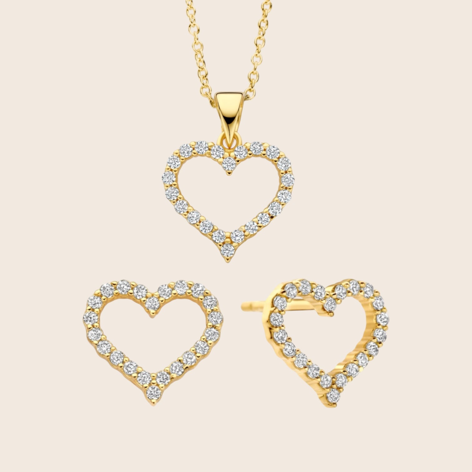 „Amora“ Schmuckset Herz Ohrstecker und Halskette aus 925 Silber 18K vergoldet