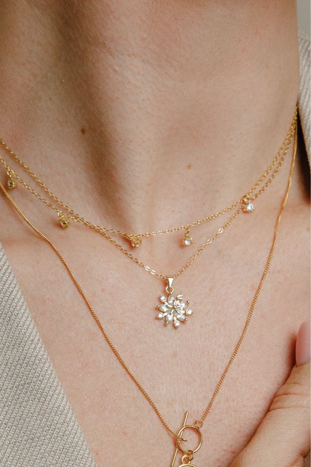 Snowflake Inlay Halskette – Dezentes Schneeflocken-Design mit Zirkonia aus 925er Silber 14K vergoldet
