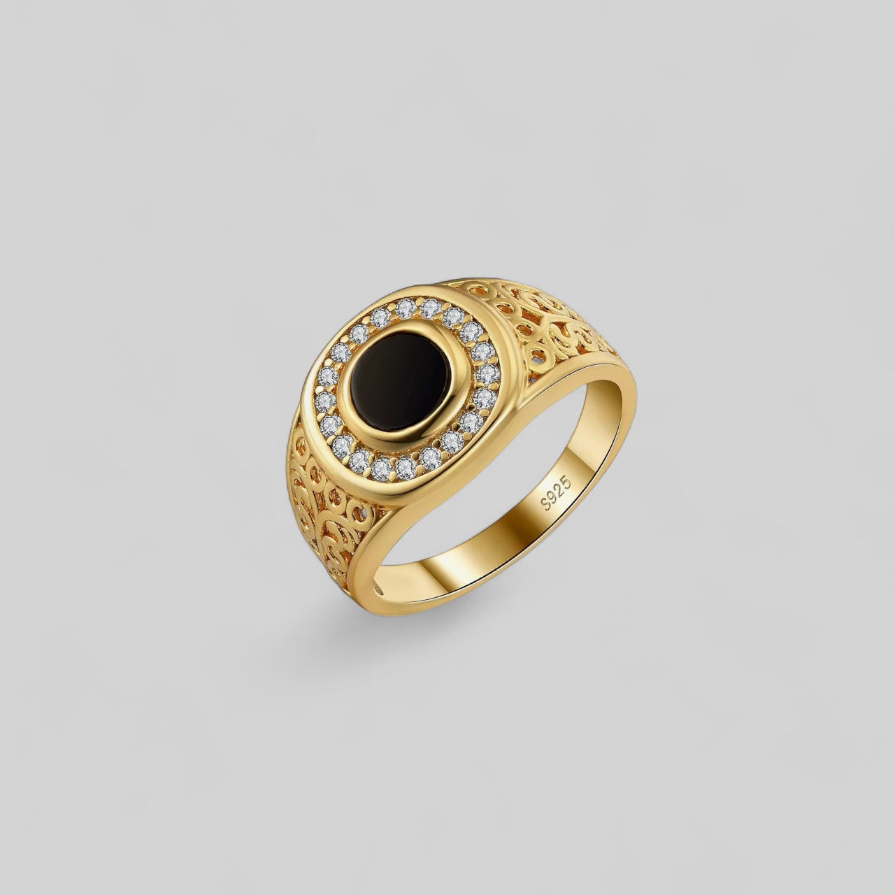Herren Ring mit schwarzer Achat und Zirkonia – 925 Silber, 18K vergoldet, Unisex