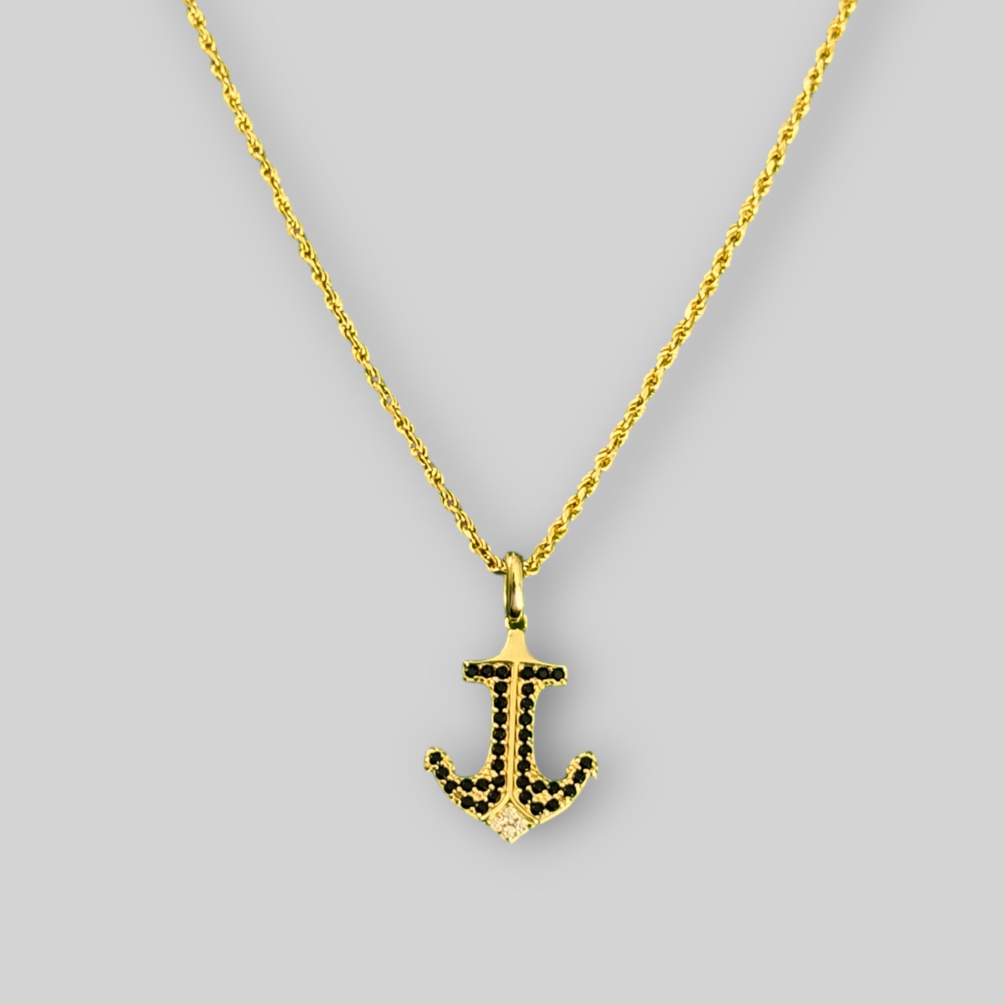 Men's anchor necklace Travel-Lover diamond cut with zirconia & black stones – 925 silver, 18K gold-plated, unisex