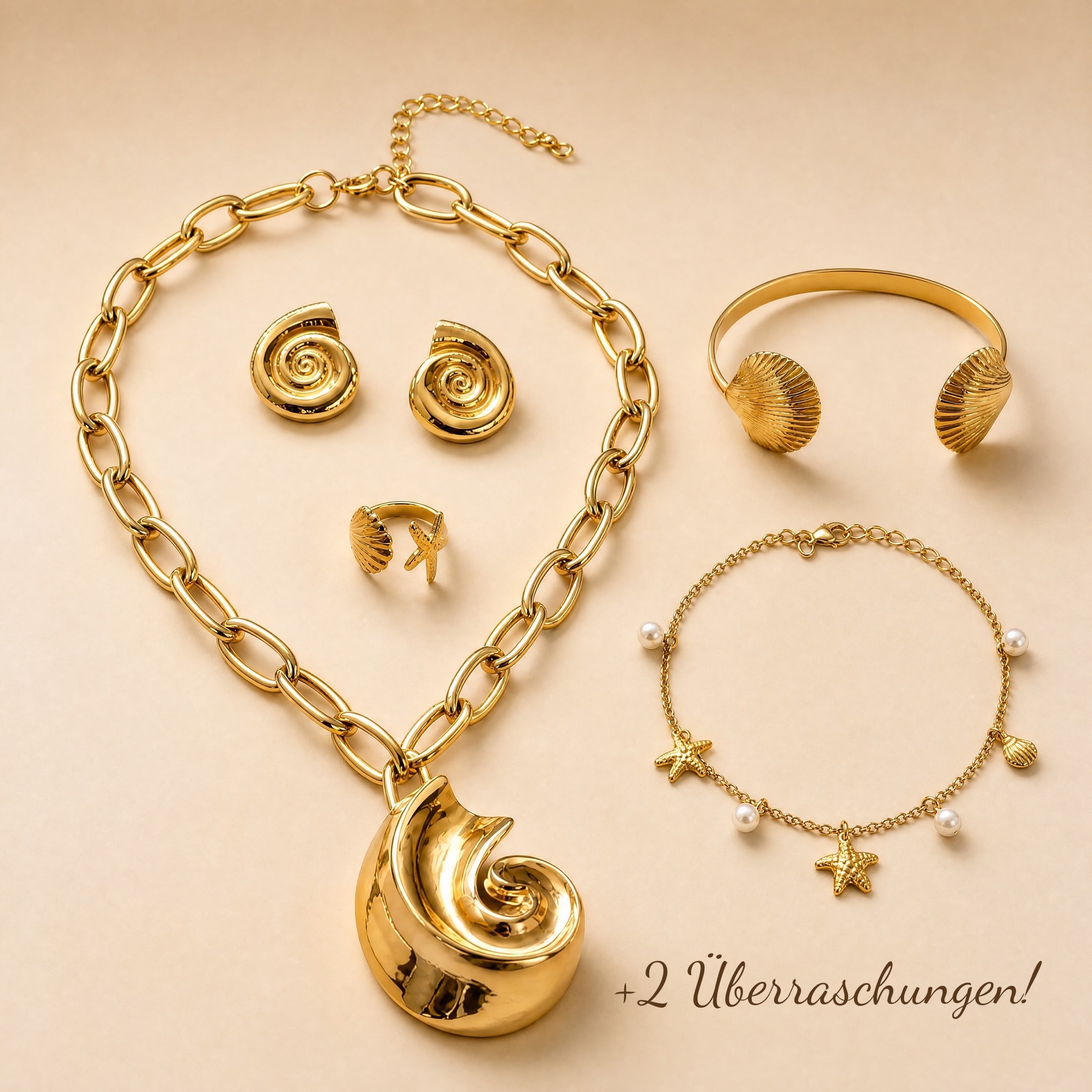 Hot Summer Treasure Set – 7-teiliges Muschel Schmuck Set aus Edelstahl vergoldet - NINASIA