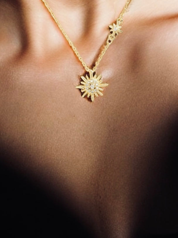 Sun Star Celestial Zirconia Pendant Necklace - 925 Silver 18K Gold Plated