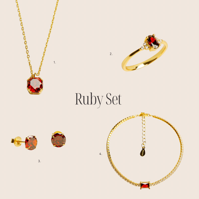 Ruby Set made of 925 silver, 18K gold plated