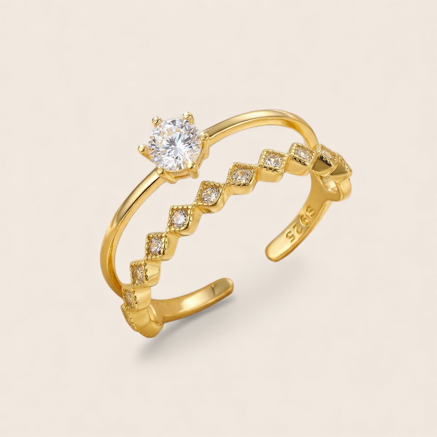 Doppellagiger grössenverstellbarer Zirkonia Ring aus 925 Silber 18K vergoldet