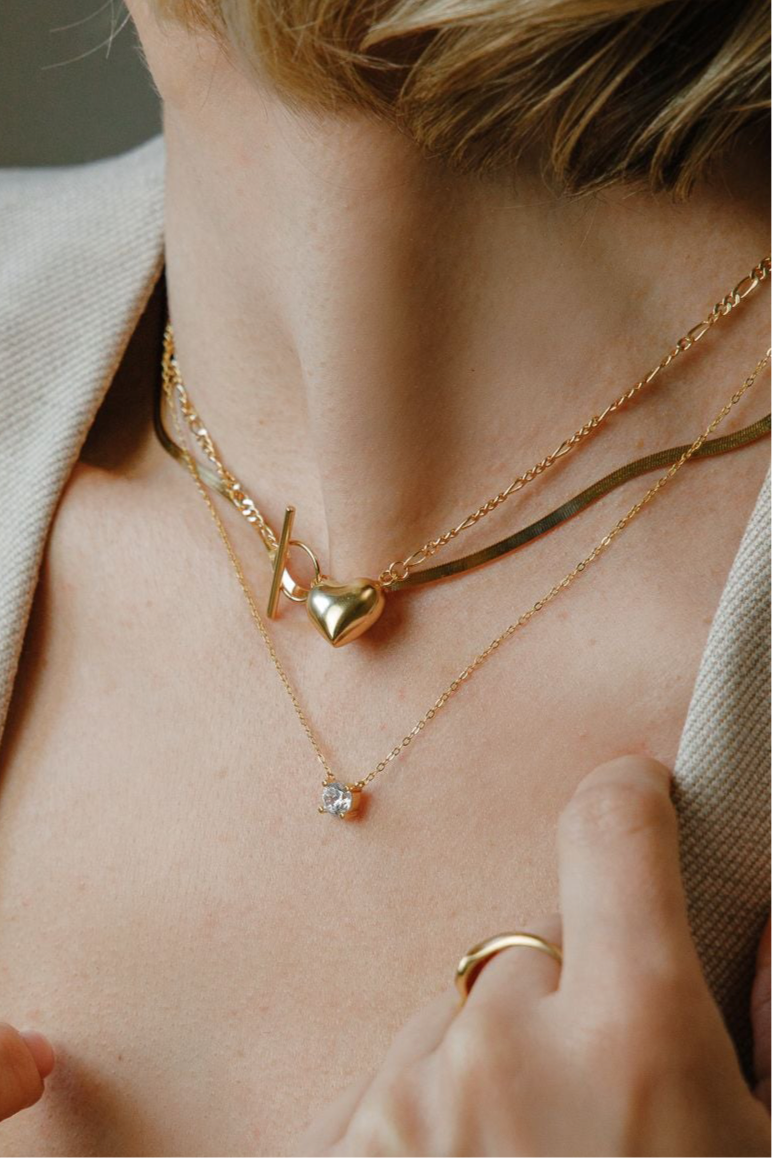 3D-Herz Liebeshalskette – Figaro Halskette aus 925 Silber 18K vergoldet - NINASIA