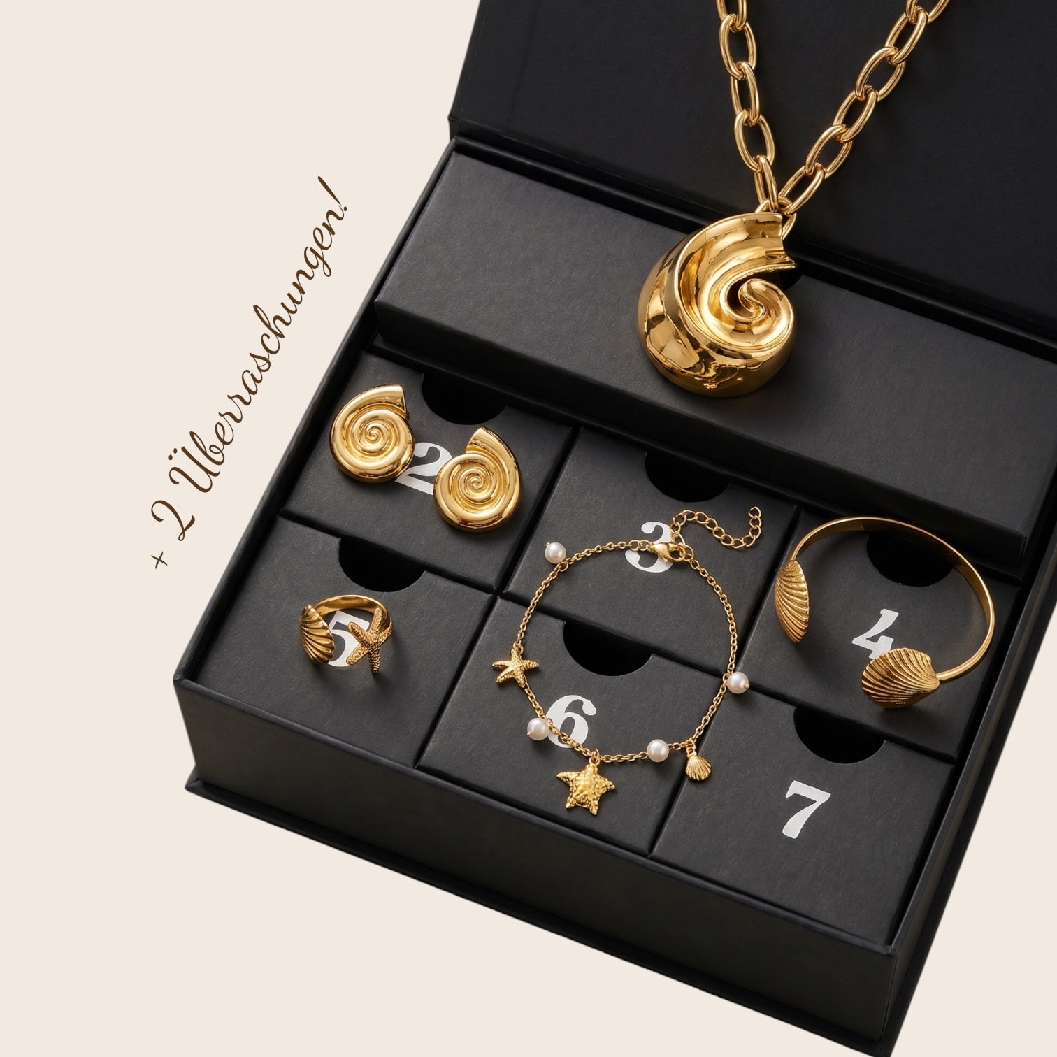 Hot Summer Treasure Set – 7-teiliges Muschel Schmuck Set aus Edelstahl vergoldet - NINASIA