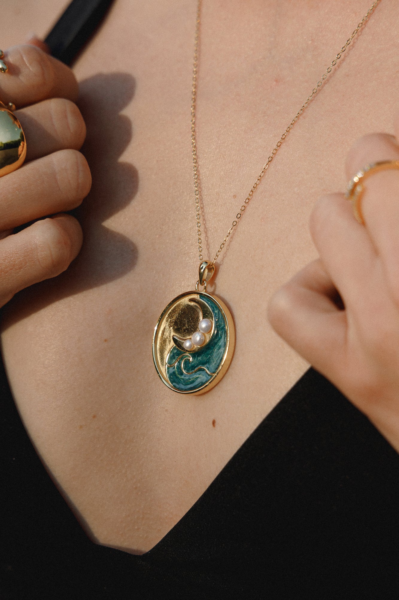 Ocean Dreams – ocean-inspired, handmade blue waves and moon necklace with freshwater pearls – made of 925 silver 18K gold-plated