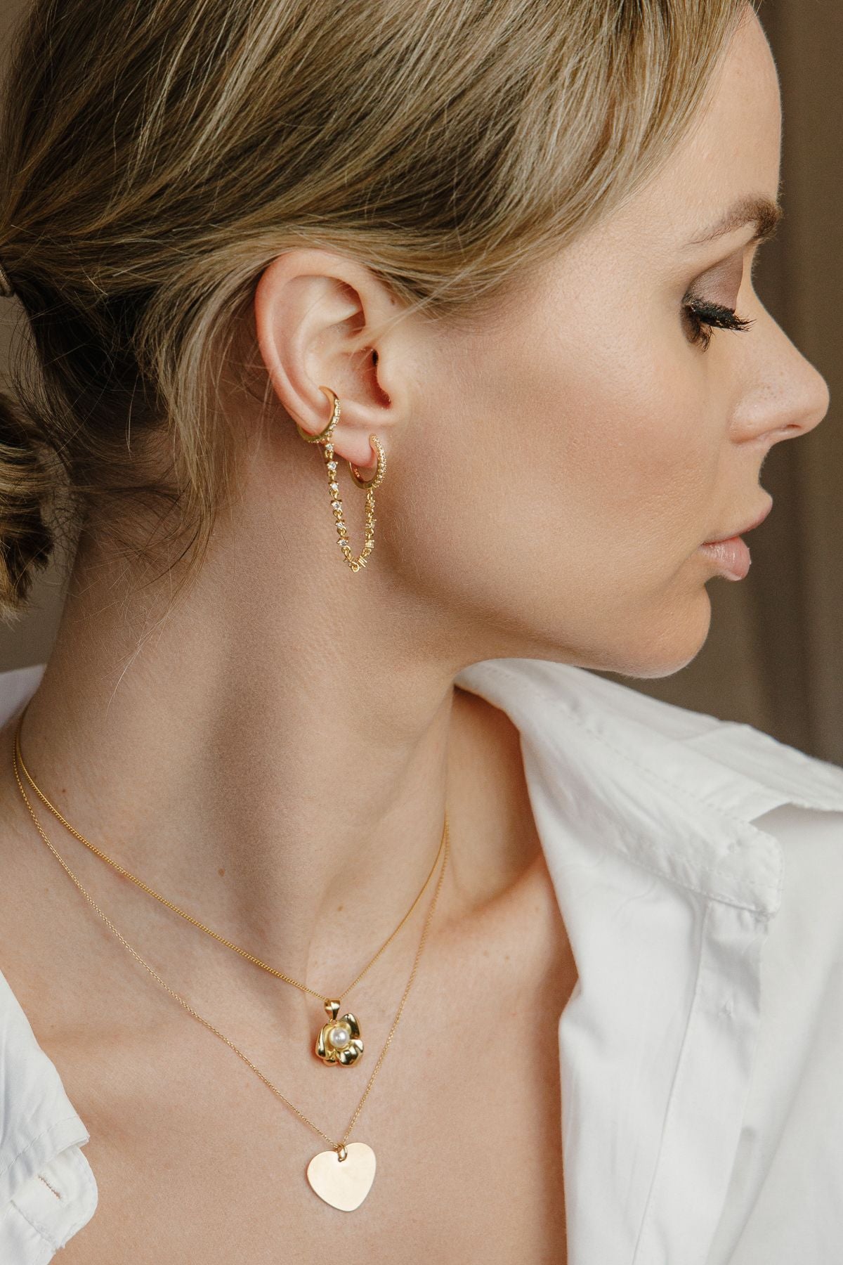 Creole mit Kette und Ohr-Deko One Piece aus 925 Silber vergoldet