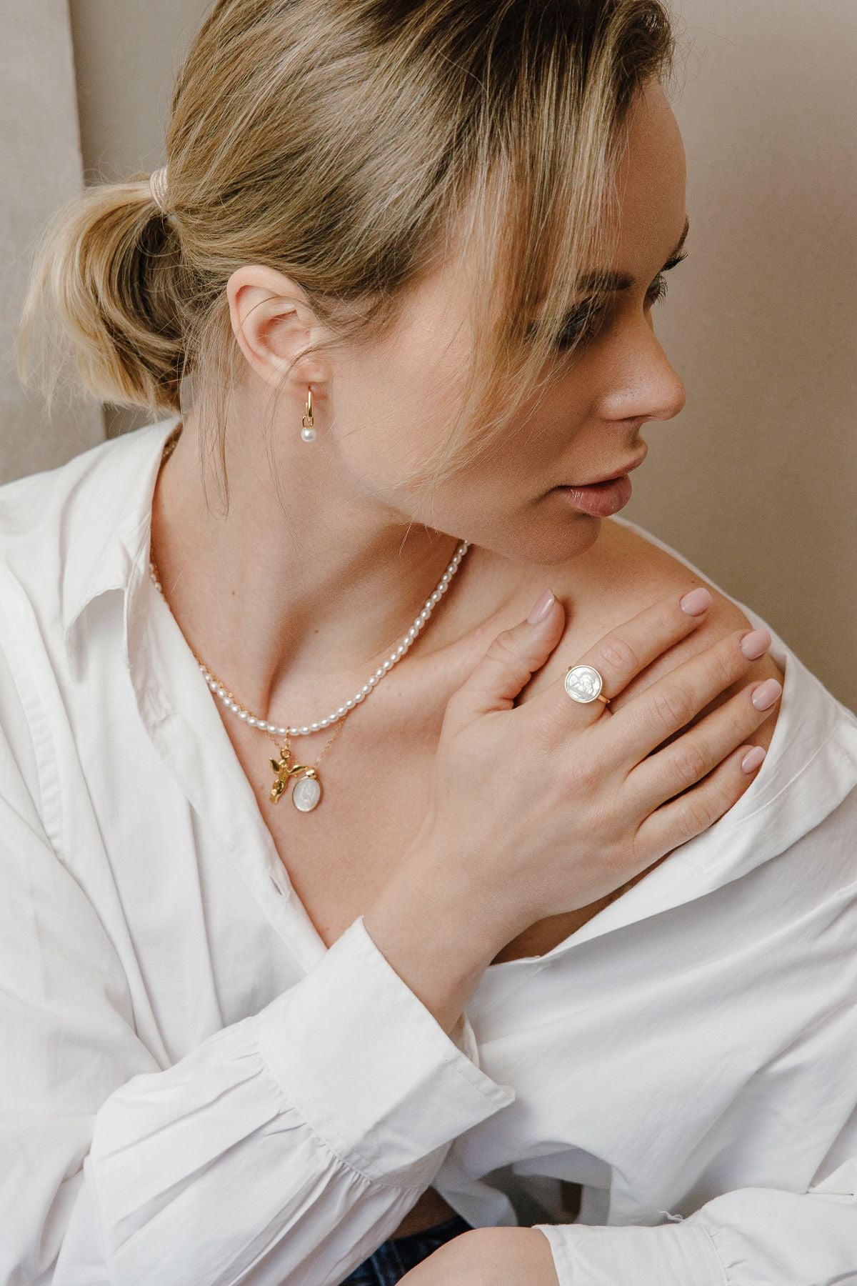 Angel pearl ring made of 925 silver 18K gold-plated
