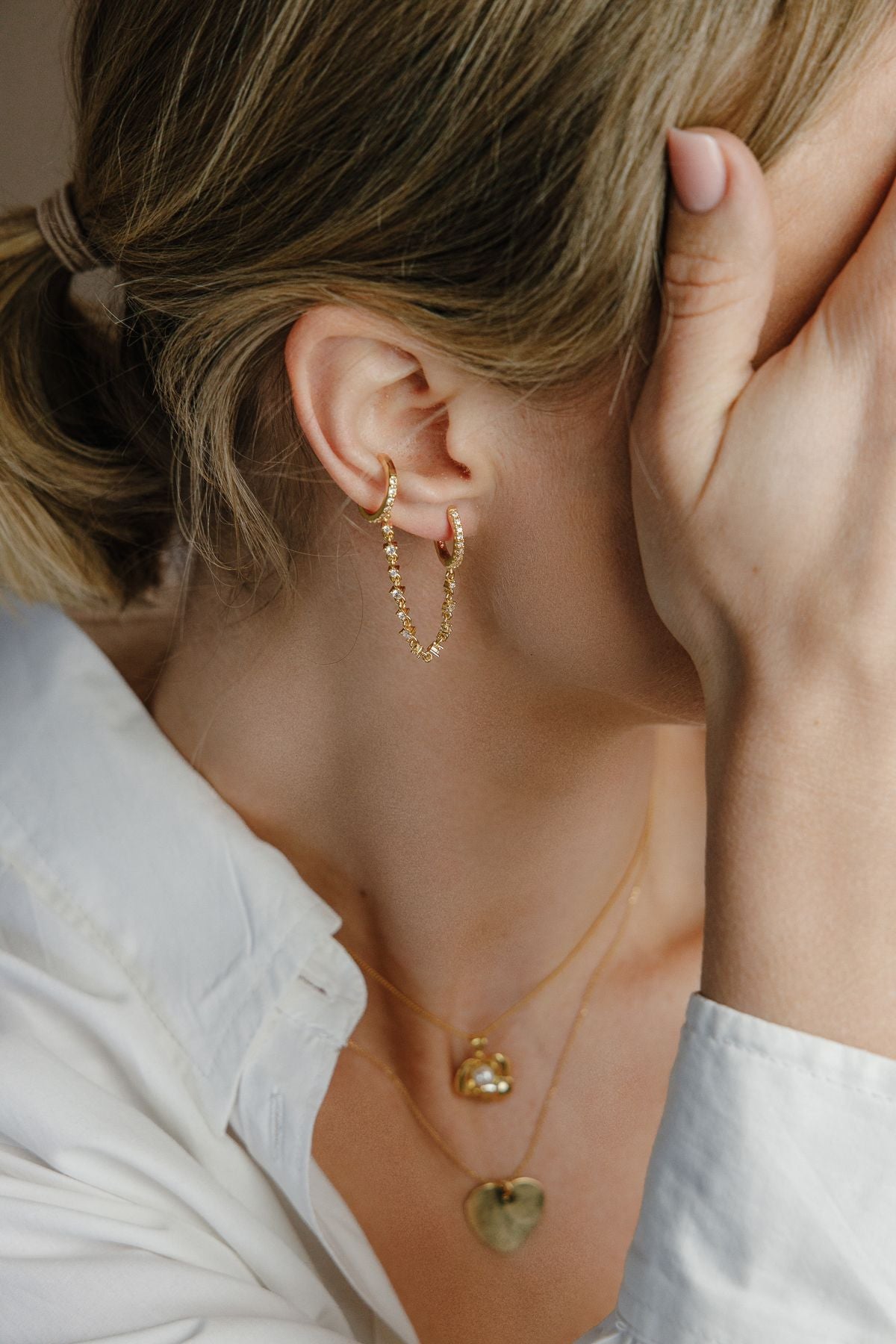 Creole mit Kette und Ohr-Deko One Piece aus 925 Silber vergoldet