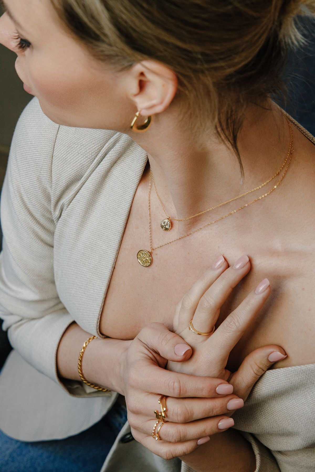 Pièce Napoléon – Collier rond, double face, en argent 925 plaqué or 18 carats