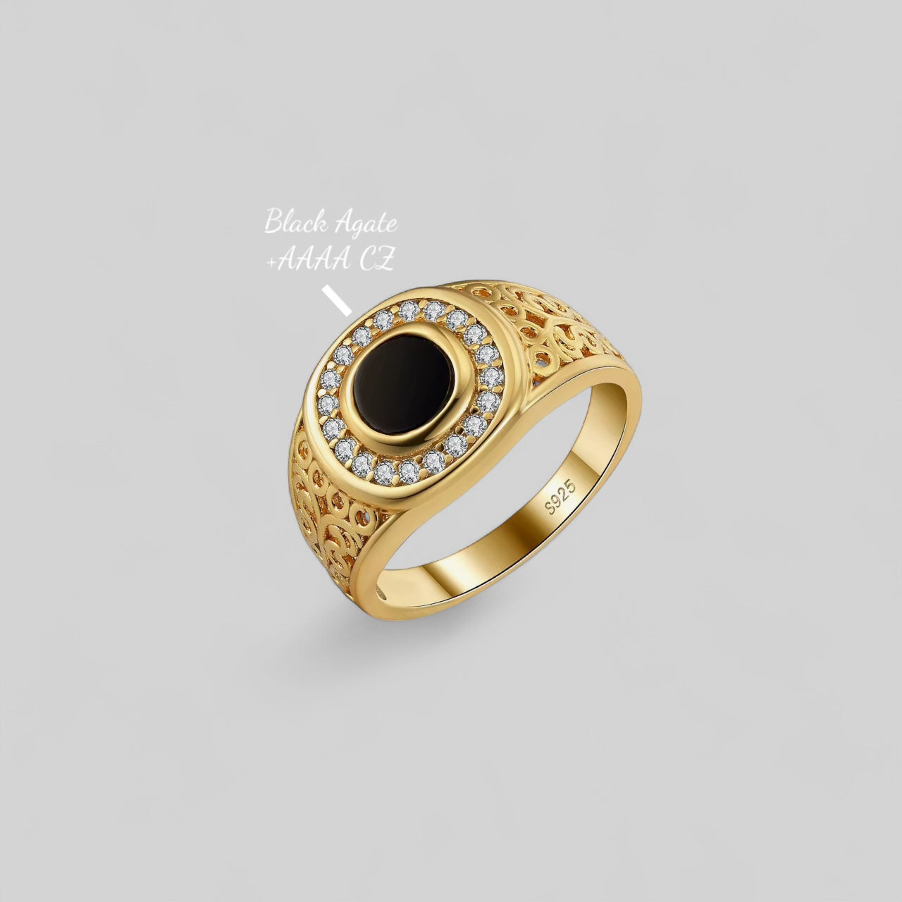Herren Ring mit schwarzer Achat und Zirkonia – 925 Silber, 18K vergoldet, Unisex