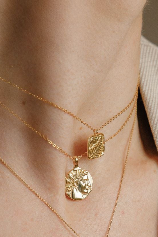 Collier pendentif carré en forme de palmier grec en argent 925 plaqué or 18 carats