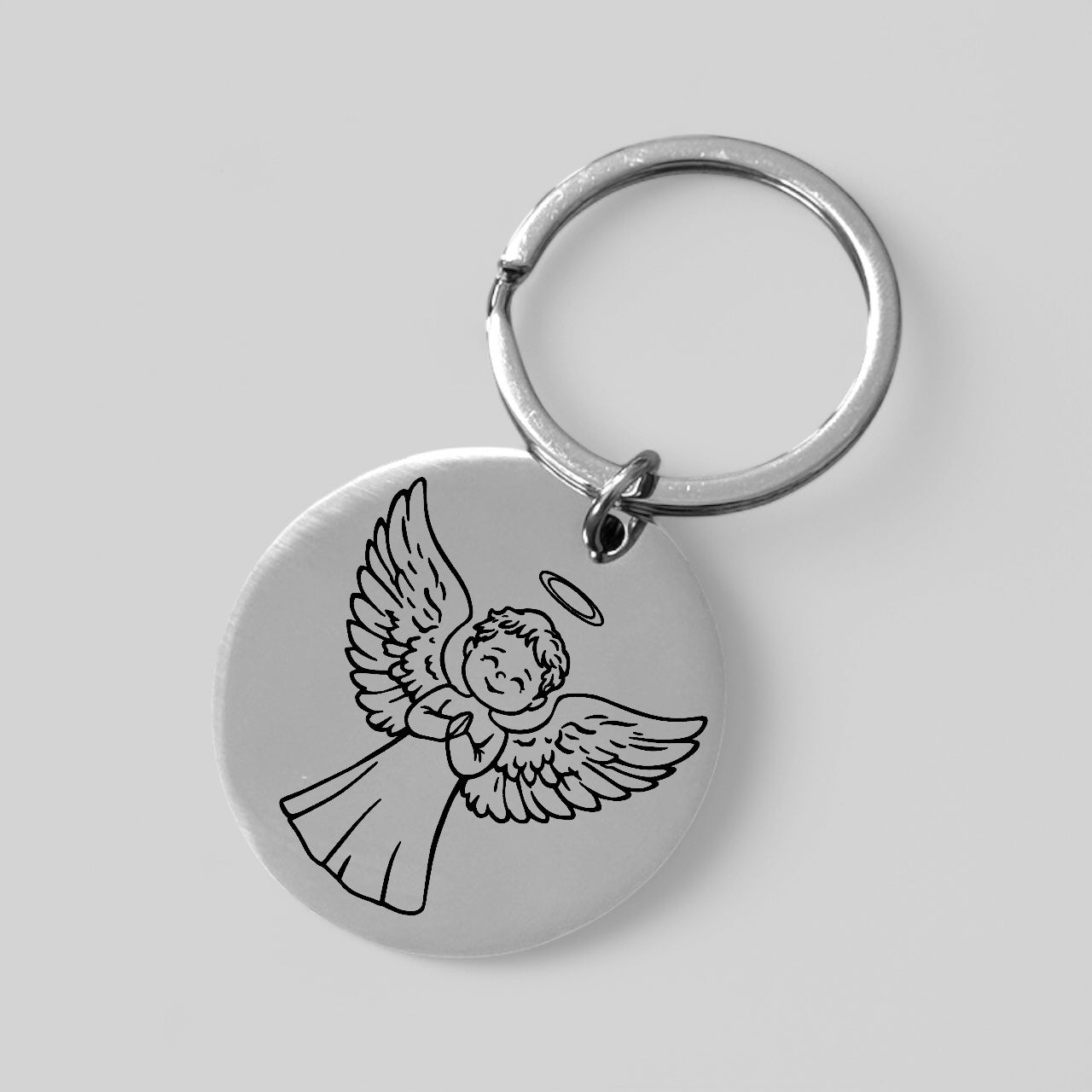 Personalisierter Schlüsselanhänger rund aus Edelstahl mit Gravur – Hunderasse-Symbol und Name, Schutzengel, dein Name und Geburtsblume – Dein Wunschtext