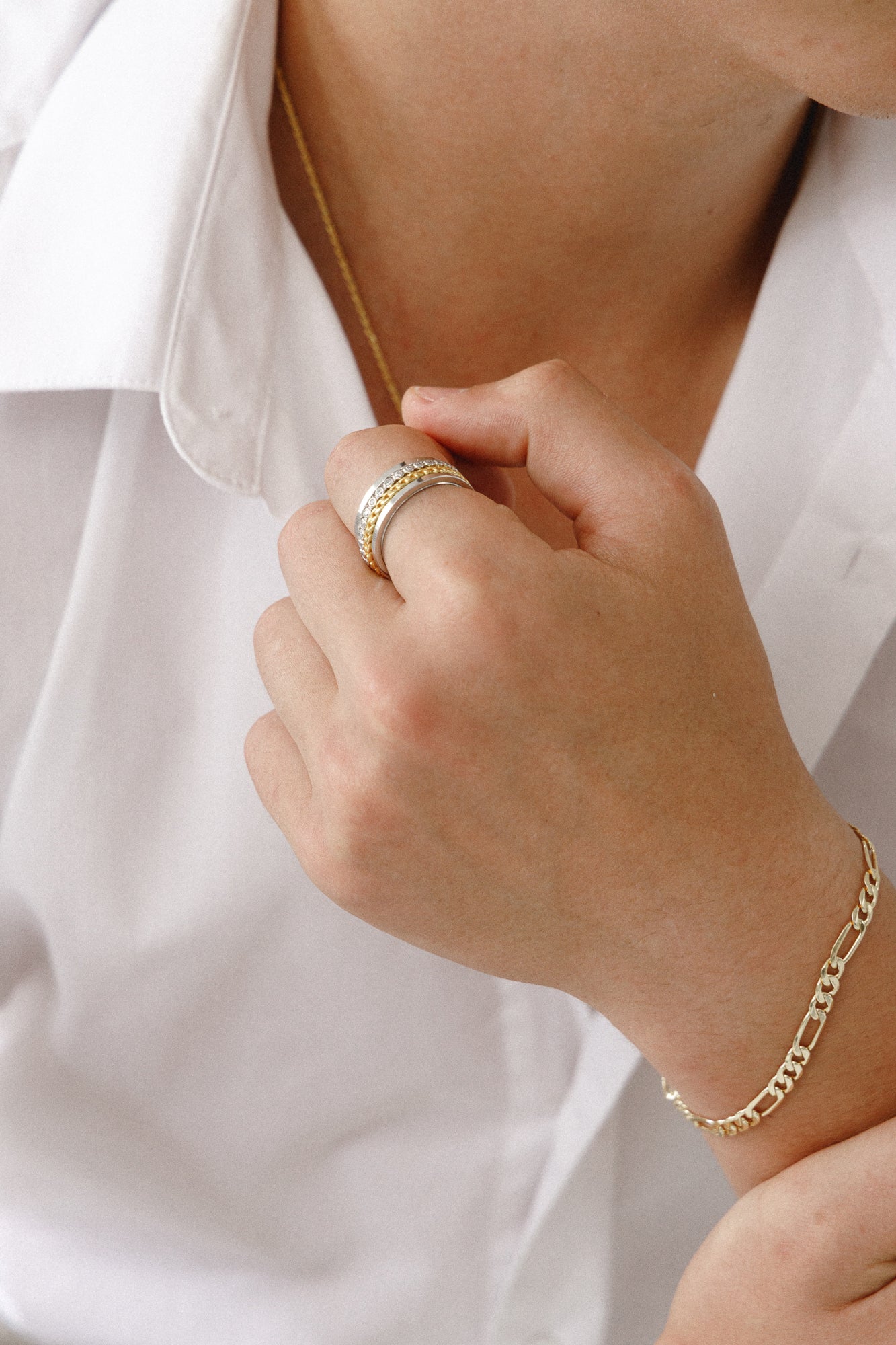 Men's Figaro Bracelet with Diamond Cut – 925 Silver, 18K Gold Plated, Unisex