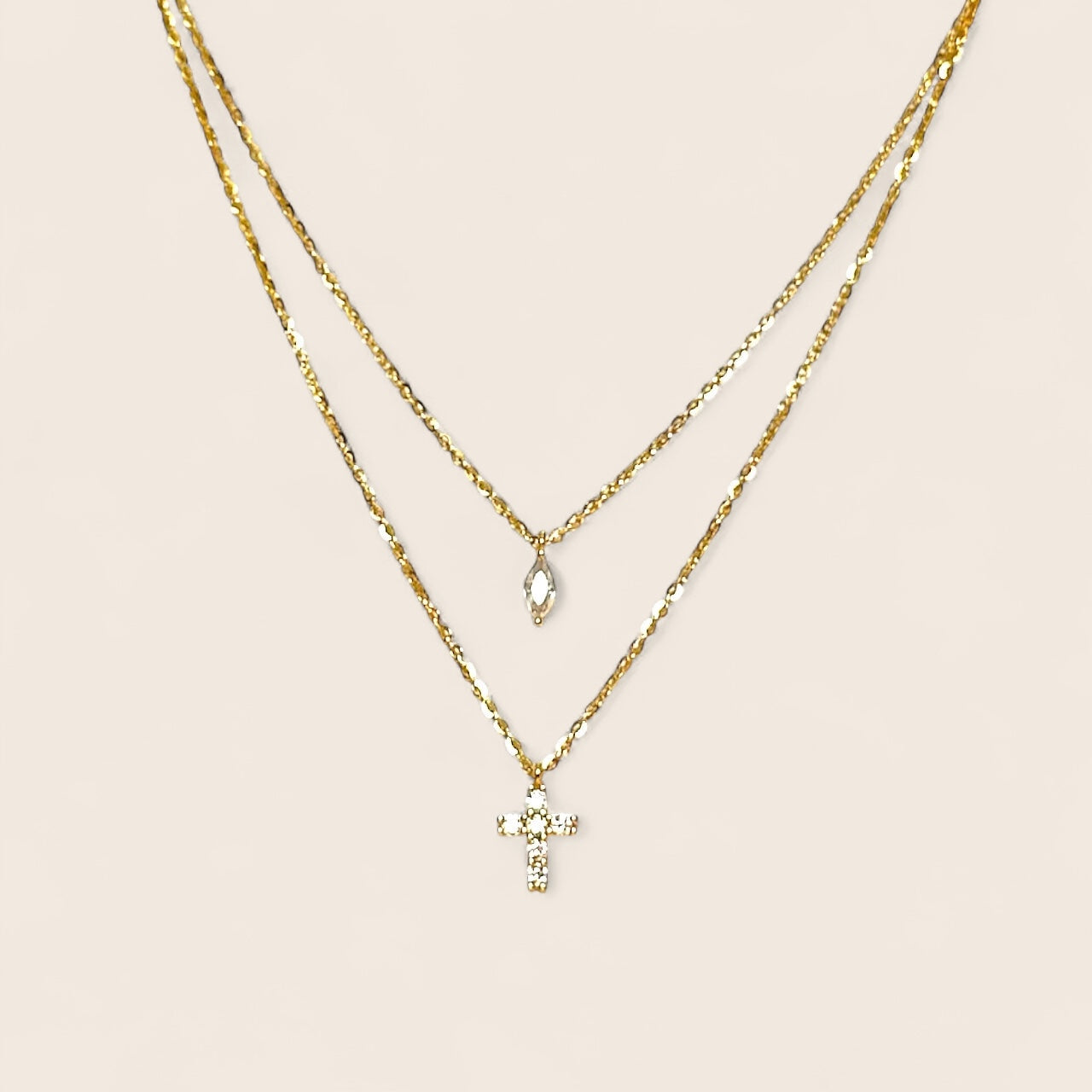 Double Cross Design Drop Charm Zirconia Necklace made of 925 silver gold plated