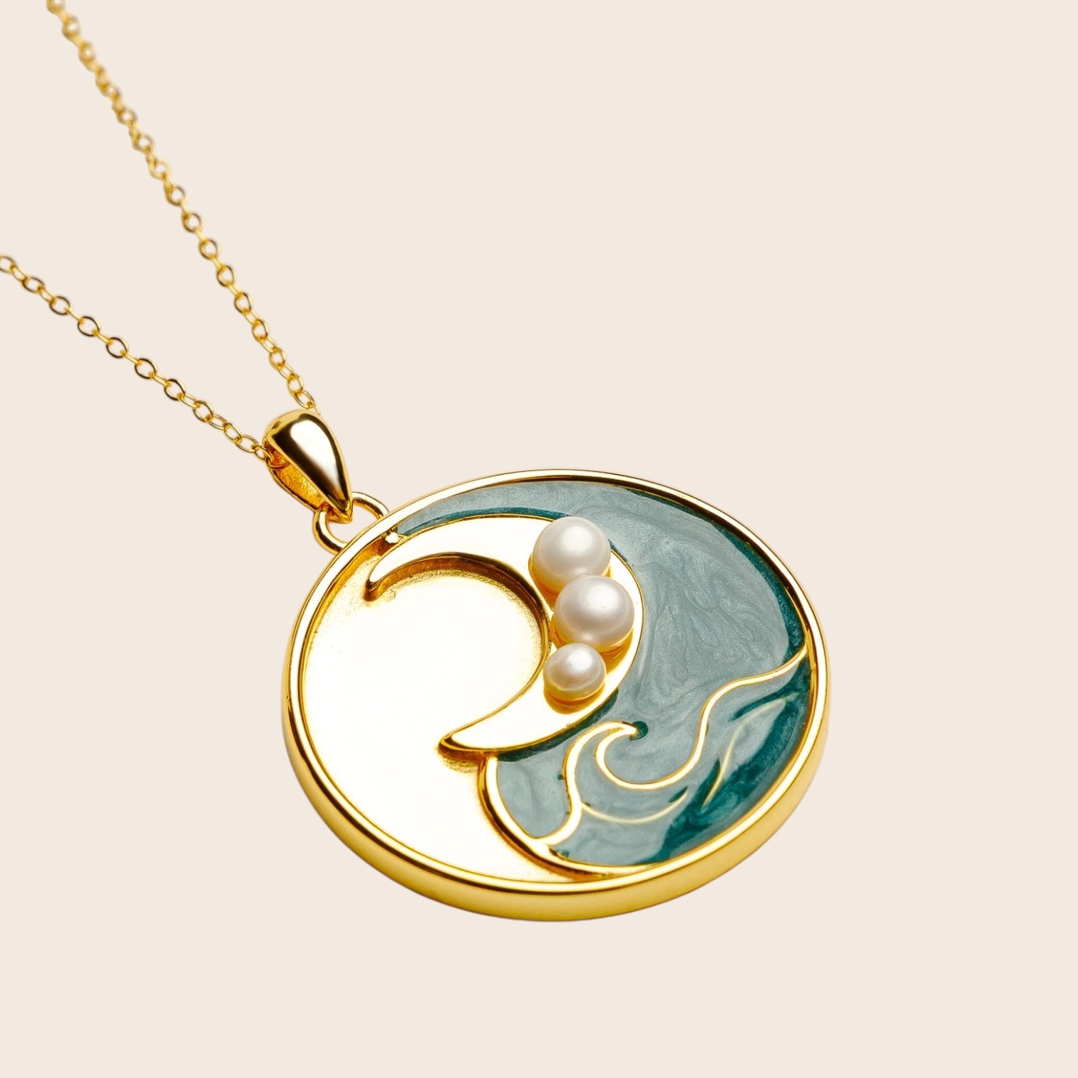 Ocean Dreams – ocean-inspired, handmade blue waves and moon necklace with freshwater pearls – made of 925 silver 18K gold-plated