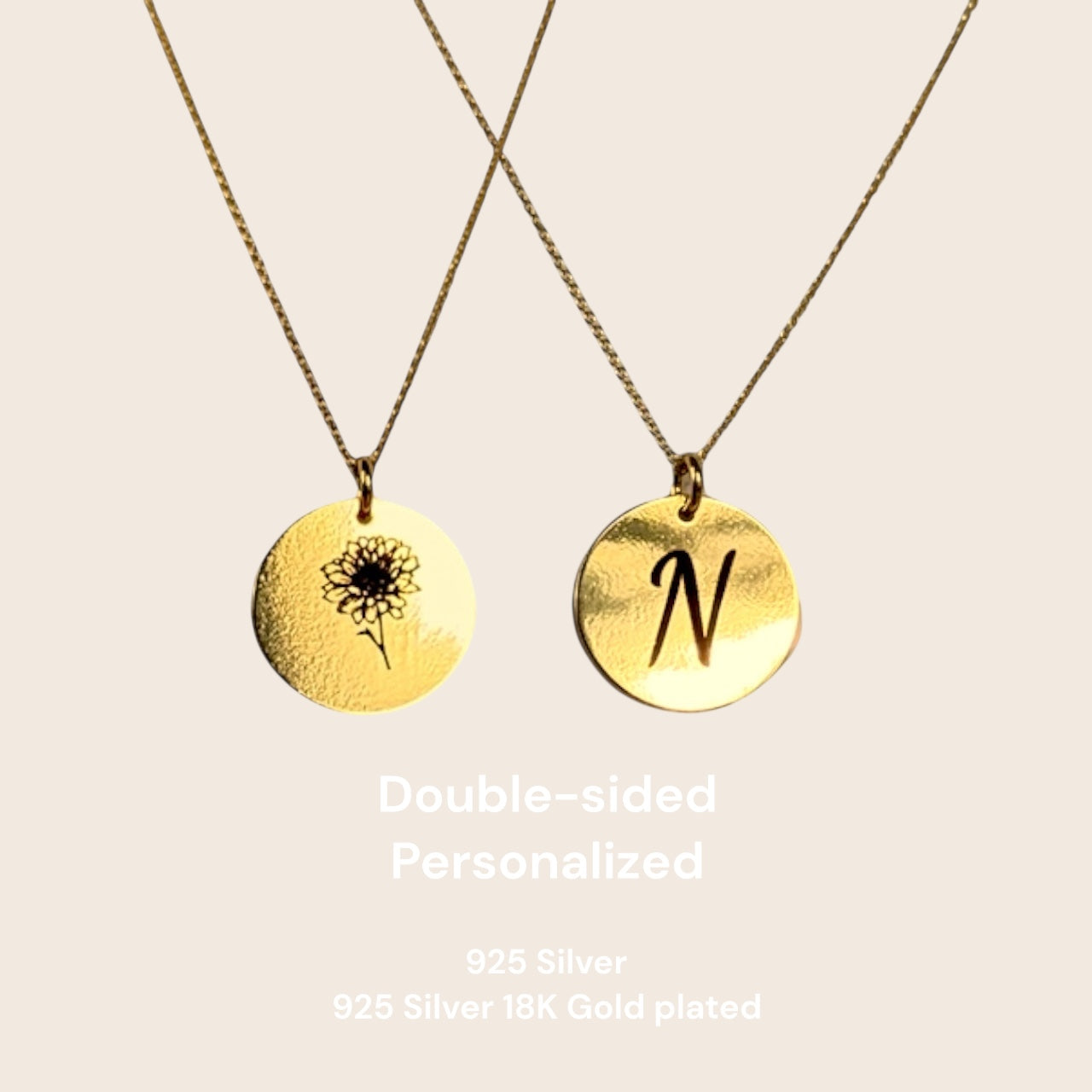 Personalisierte Geburtsblumen-Halskette – Beidseitig gravierbarer Anhänger aus 925 Silber vergoldet mit Initiale & Blumenmotiv