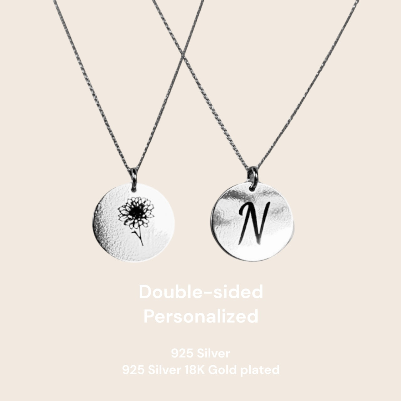 Personalisierte Geburtsblumen-Halskette – Beidseitig gravierbarer Anhänger aus 925 Silber vergoldet mit Initiale & Blumenmotiv