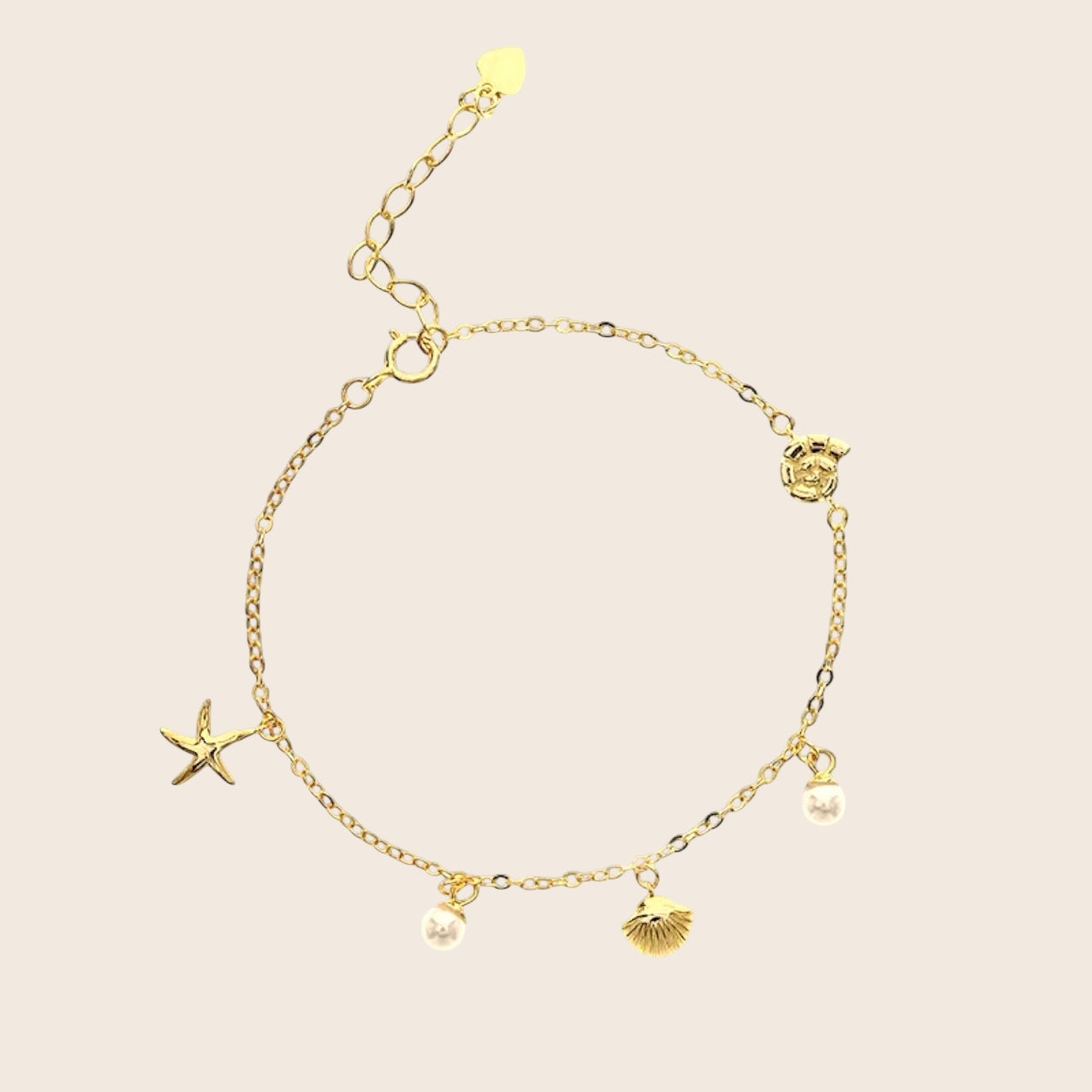 Bracelet « Perdu dans la mer » - étoile de mer, perle et coquillages - argent 925 plaqué or 14 carats
