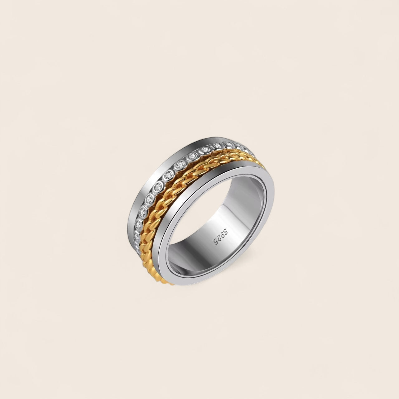 Herren Fidget-Ring drehbar mit Zirkonia – zweifarbig, 925 Silber, 18K vergoldet
