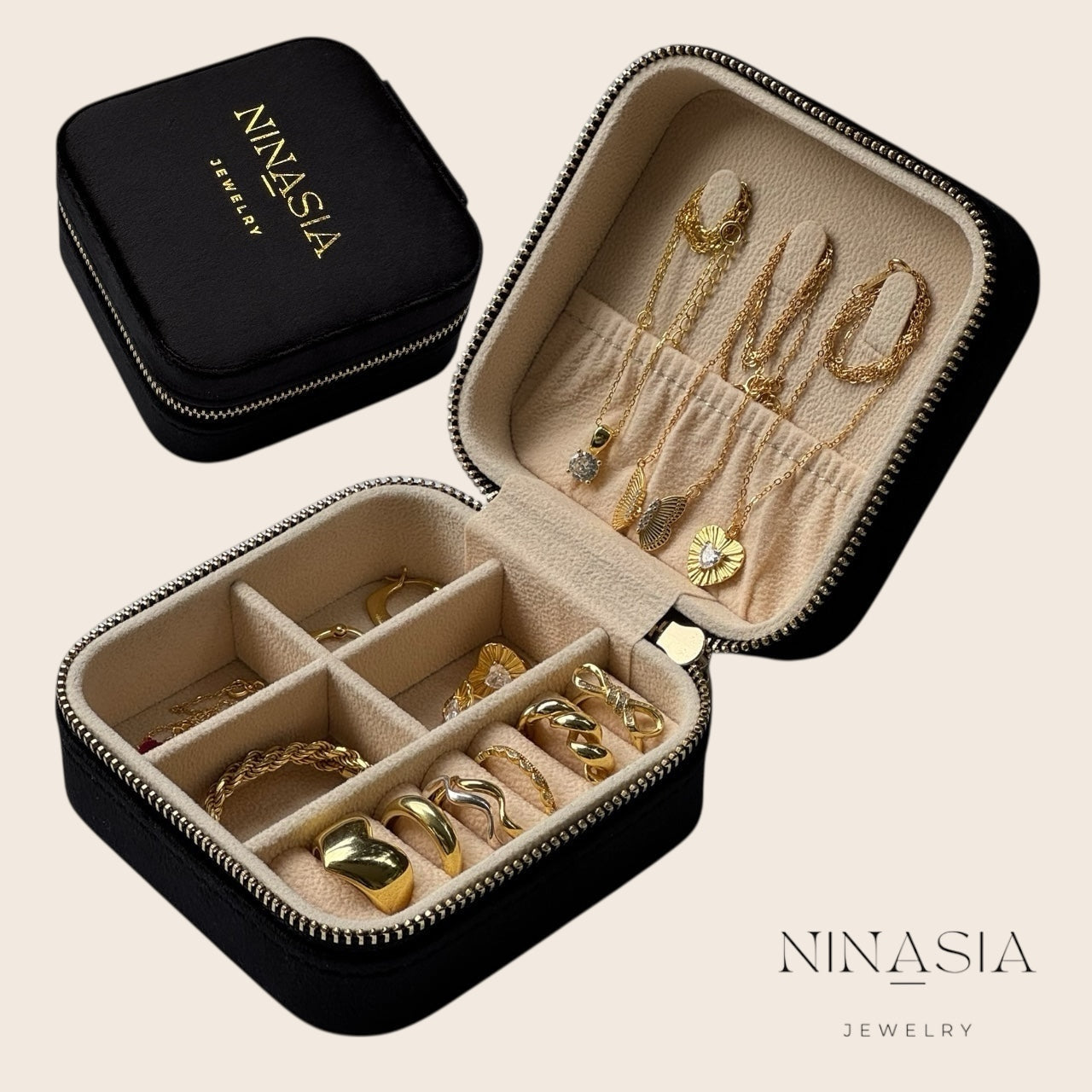 Coffret à bijoux de voyage en velours, taille moyenne, noir et beige