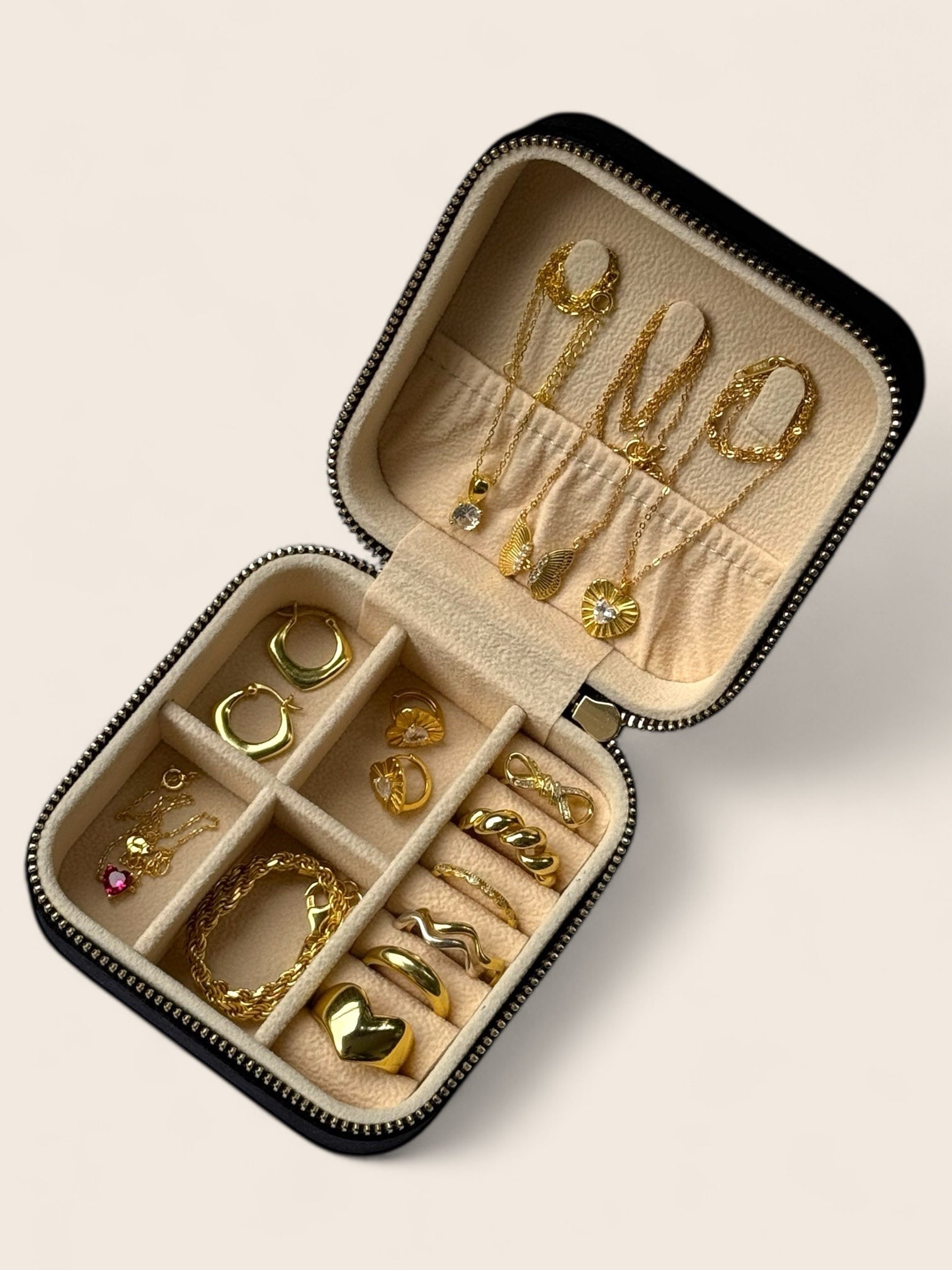Coffret à bijoux de voyage en velours, taille moyenne, noir et beige