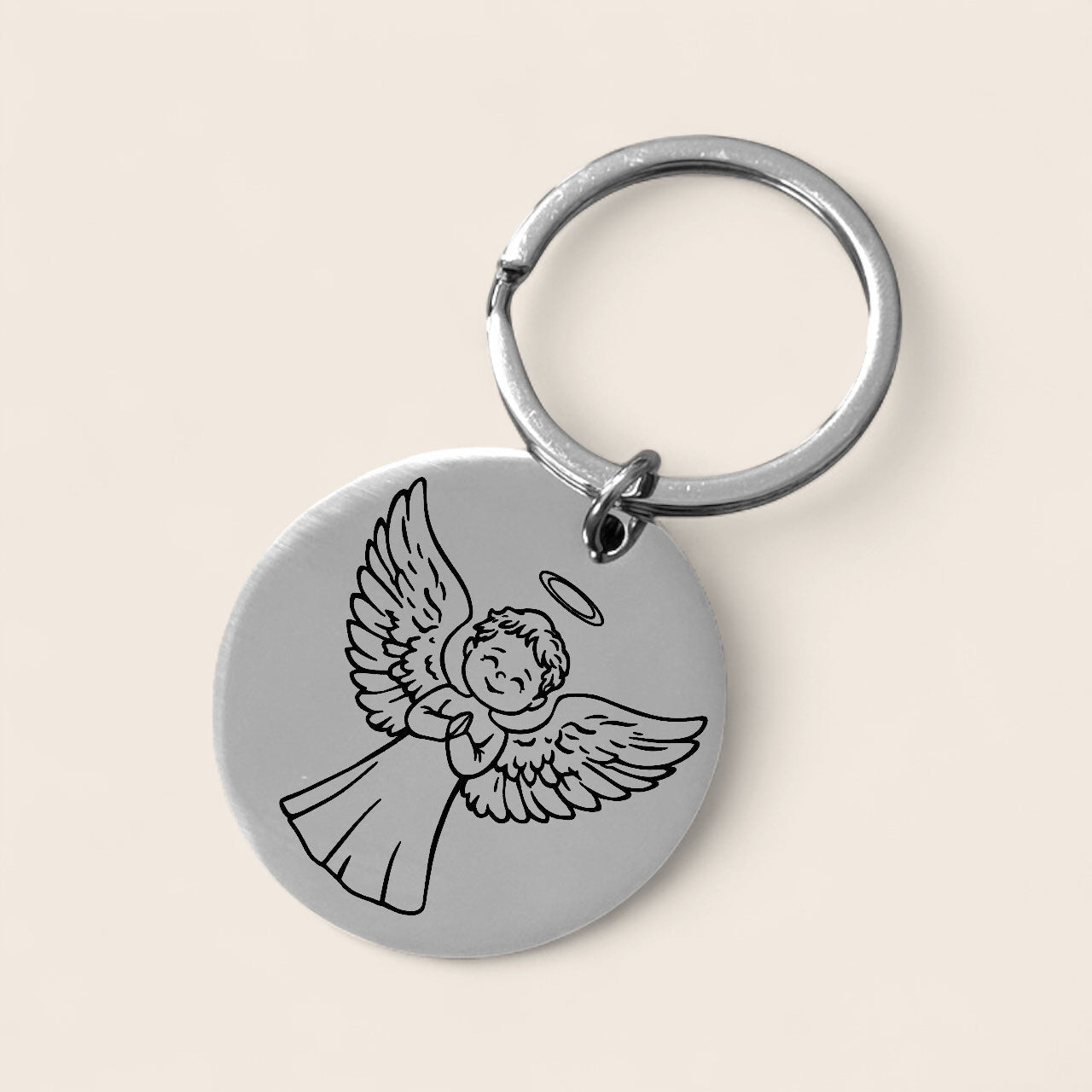 Personalisierter Schlüsselanhänger rund aus Edelstahl mit Gravur – Hunderasse-Symbol und Name, Schutzengel, dein Name und Geburtsblume – Dein Wunschtext