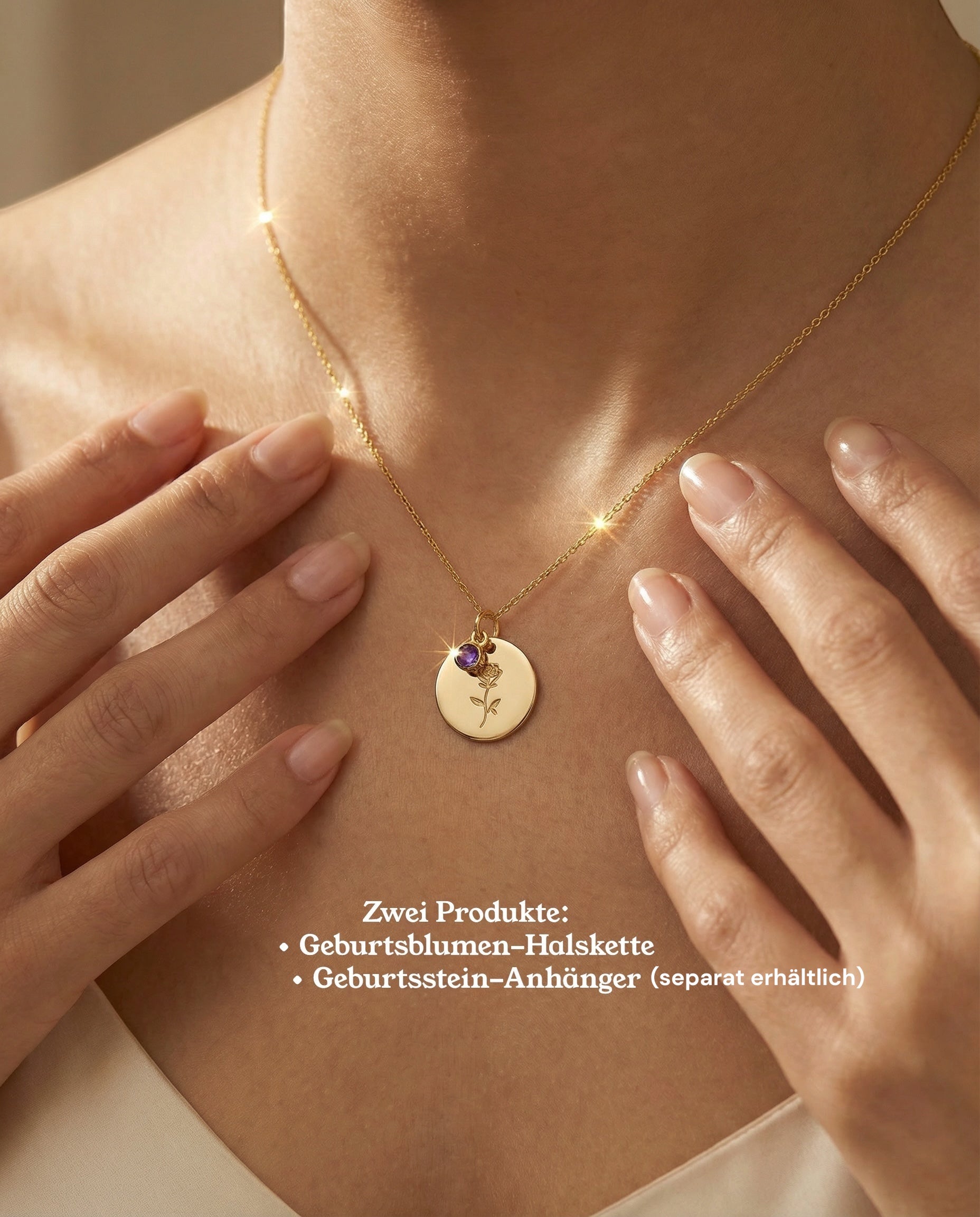 Personalisierte Geburtsblumen-Halskette – Beidseitig gravierbarer Anhänger aus 925 Silber vergoldet mit Initiale & Blumenmotiv - NINASIA