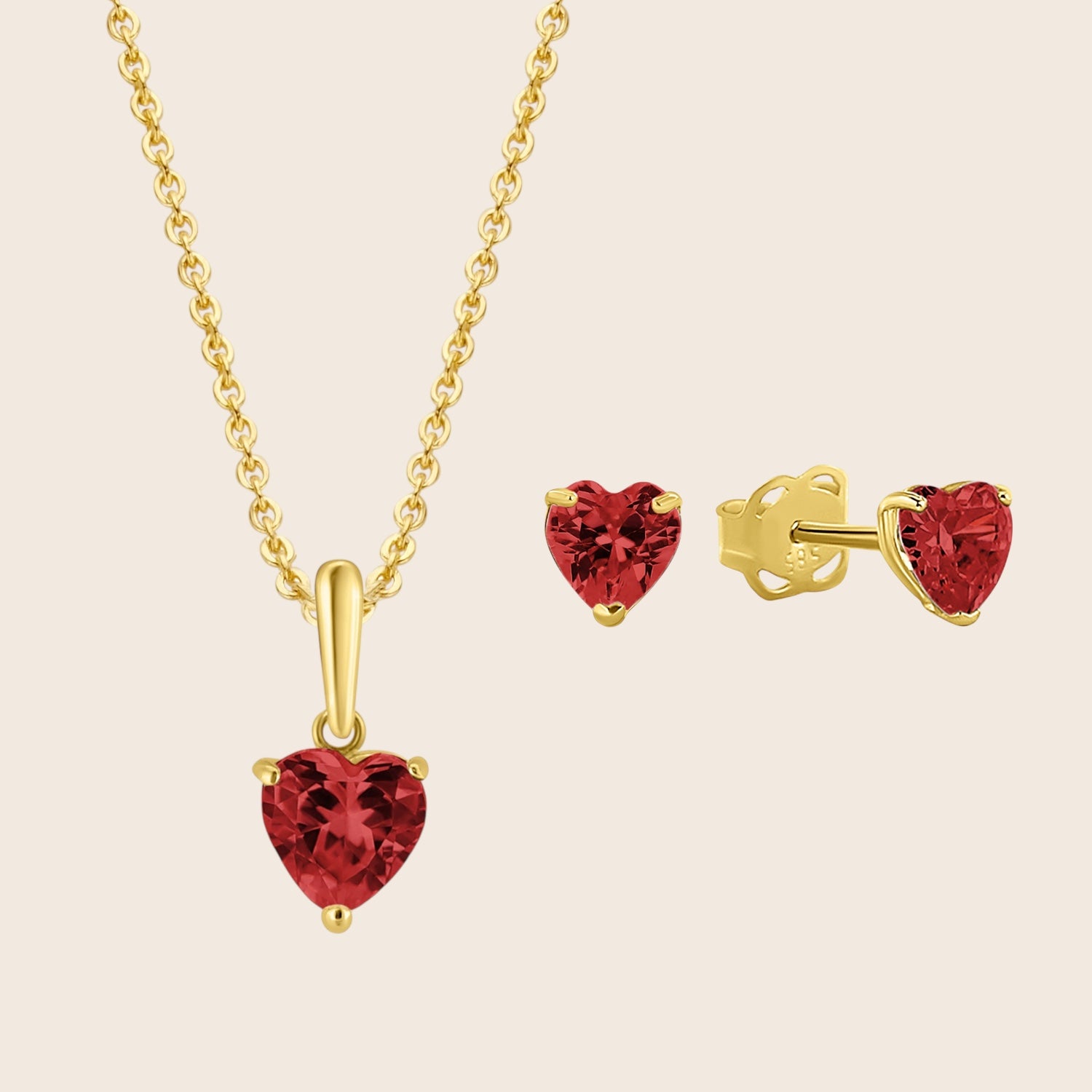585 gold timeless jewelry set “One True Love” heart necklace with red cubic zirconia and heart stud earrings