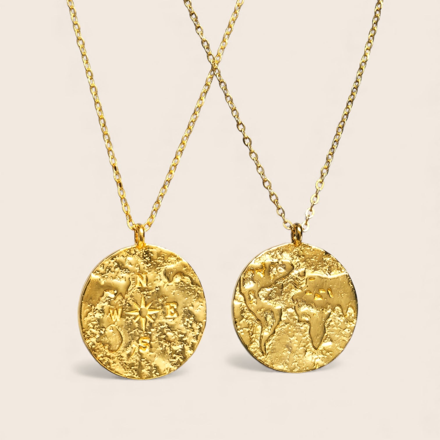 Runde Welt Gravur Münzen zweiseitige Travel-Lover Halskette 925 Silber 18K vergoldet