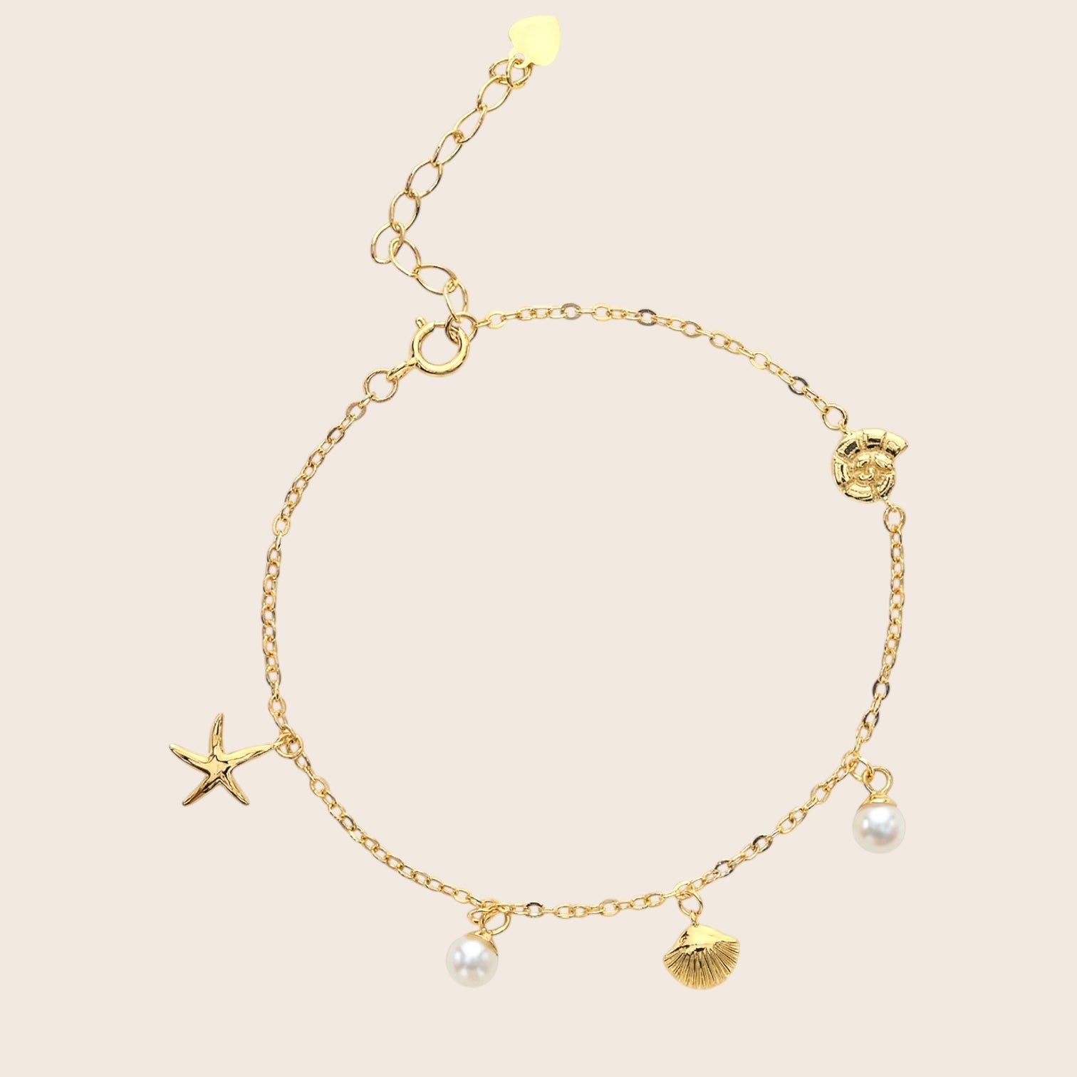 Armkette „Lost in the sea“ - Seestern, Perle und Muscheln - 925 Silber 14K vergoldet