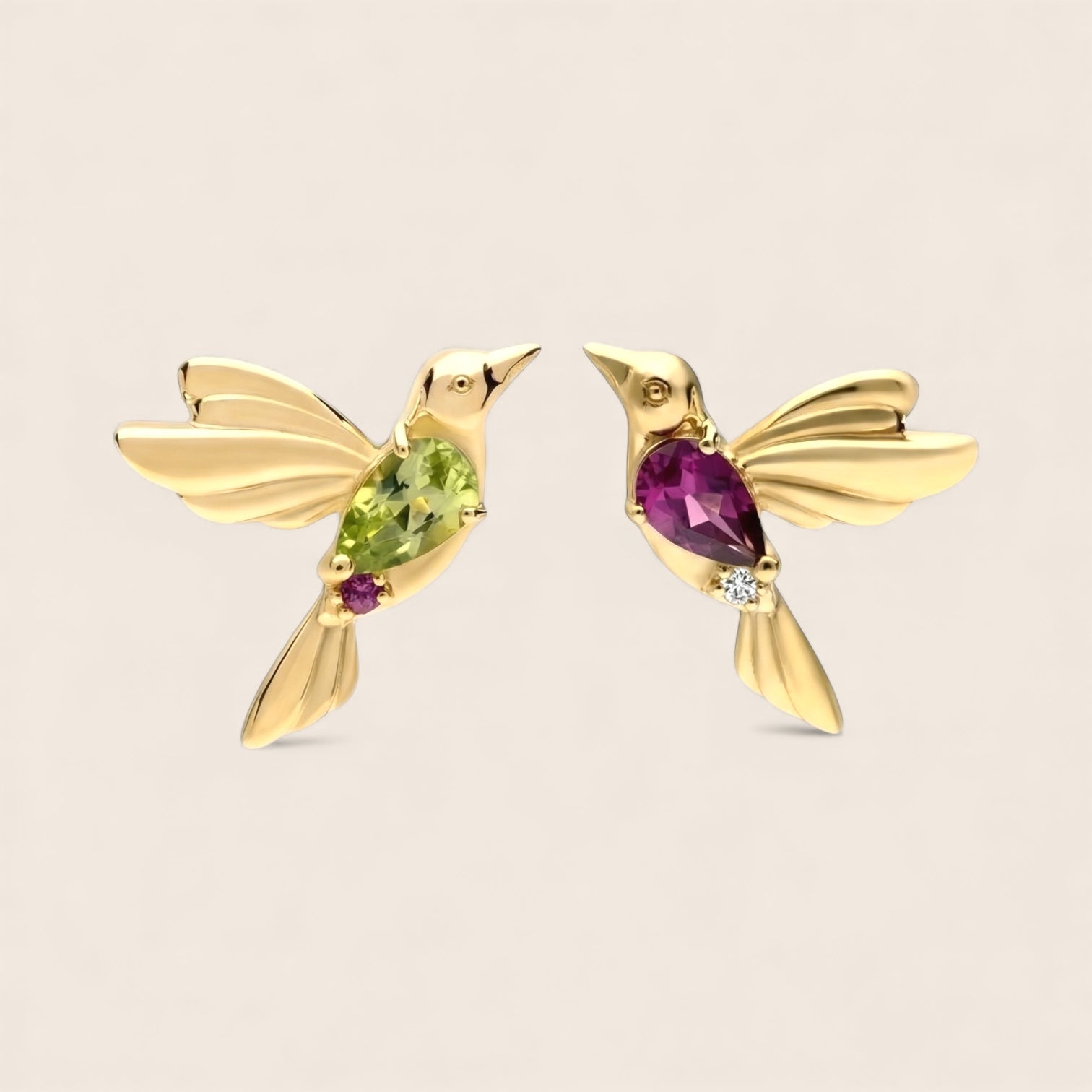 Hummingbird birds colored stud earrings made of 925 silver gold-plated