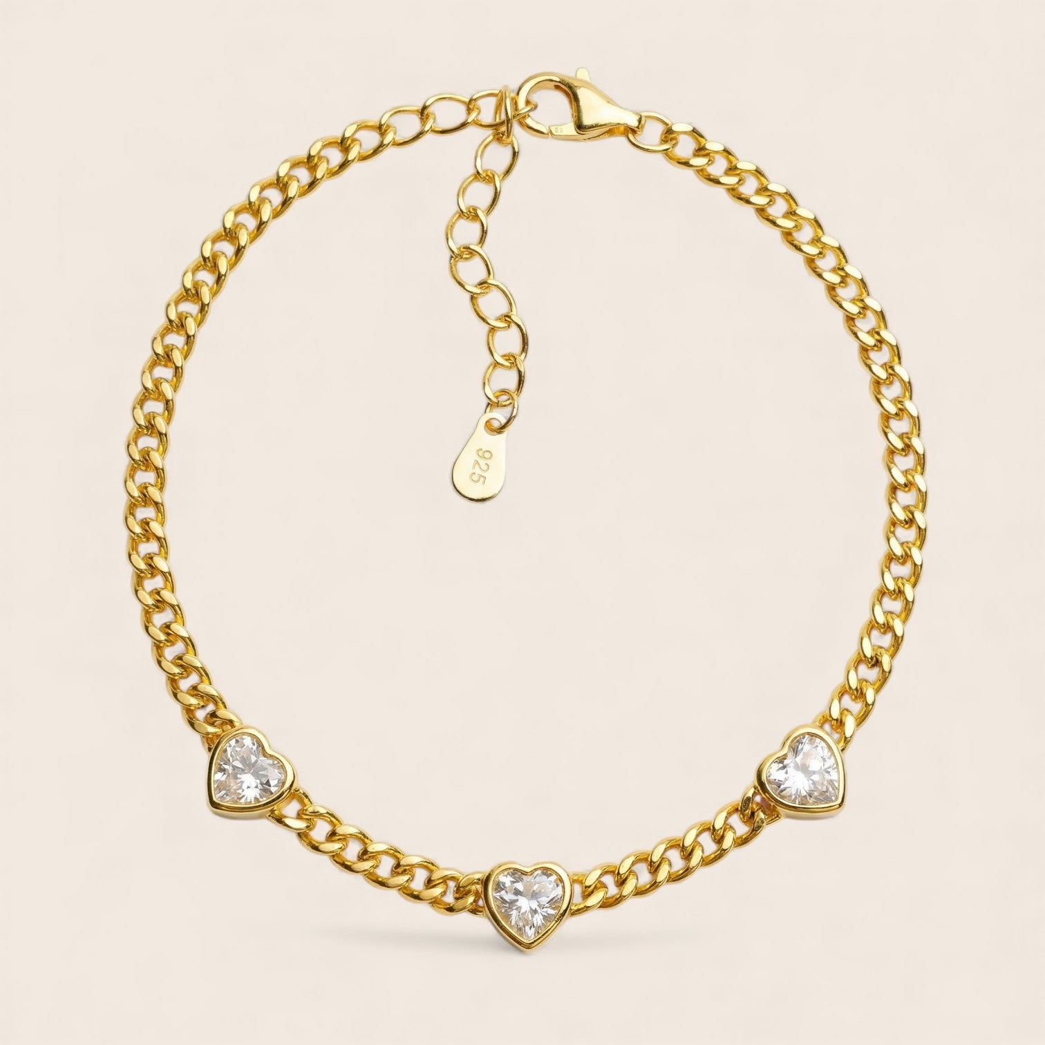 ENDLESS LOVE – Curb Chain Armband mit herzförmigen Zirkonias, aus 925 Silber 18K vergoldet