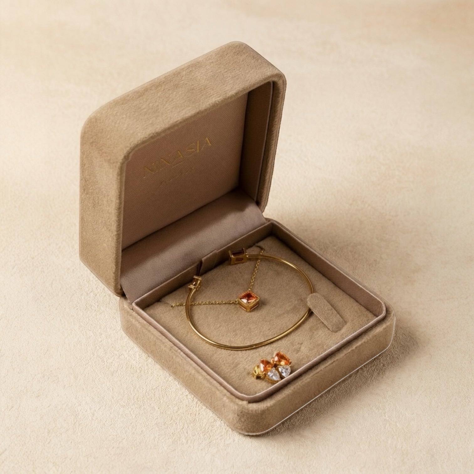 DARK CHAMPAGNE Schmuckset Champagnerfarbene Halskette, Ohrringe und Armreif aus 925 Silber 18K vergoldet