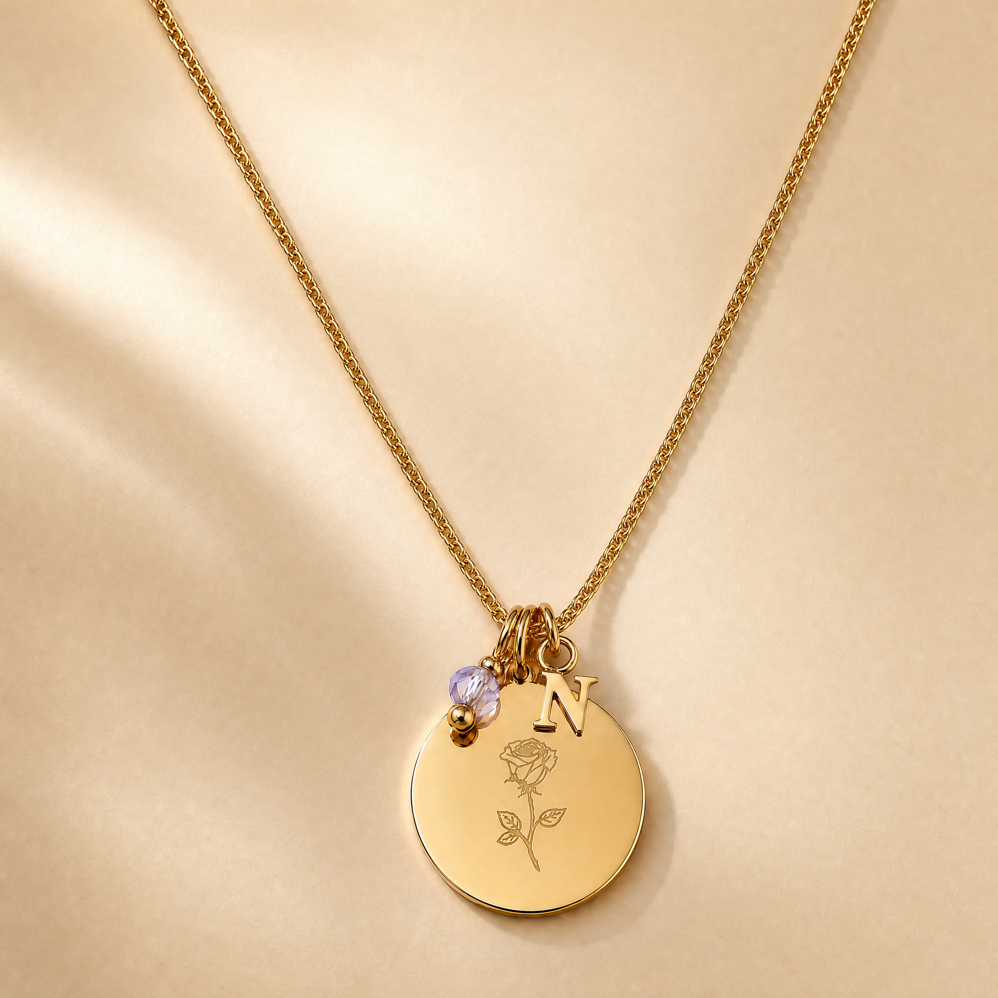 Personalized Birth Flower Necklace with Birthstone and Initial – Engravable on Both Sides, Stainless Steel with High-Quality IPG Gold Plating