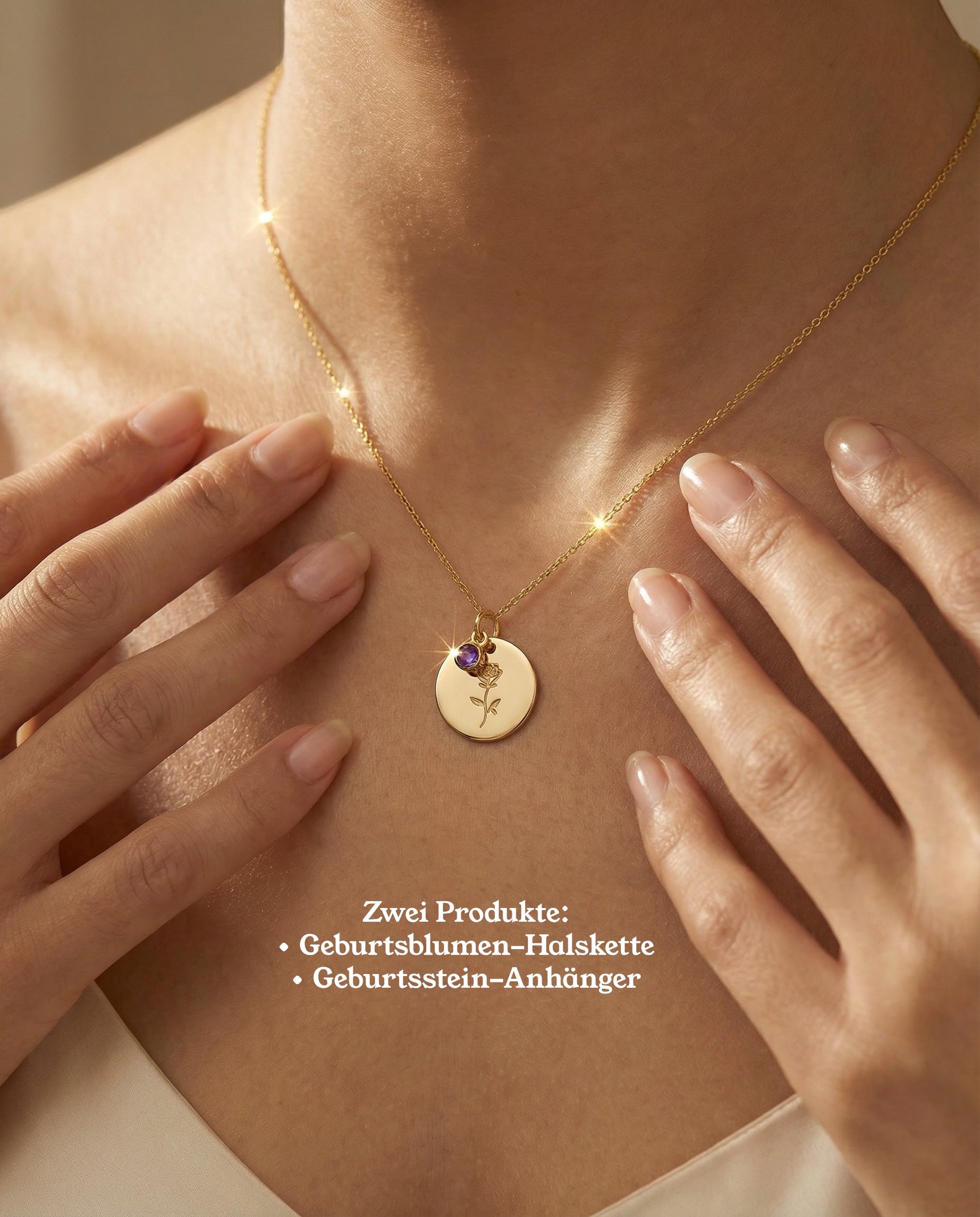 Personalisierte Geburtsblumen- und Geburtsstein-Halskette – beidseitig gravierbarer mit Initiale & Blumenmotiv - aus 925 Silber vergoldet - NINASIA