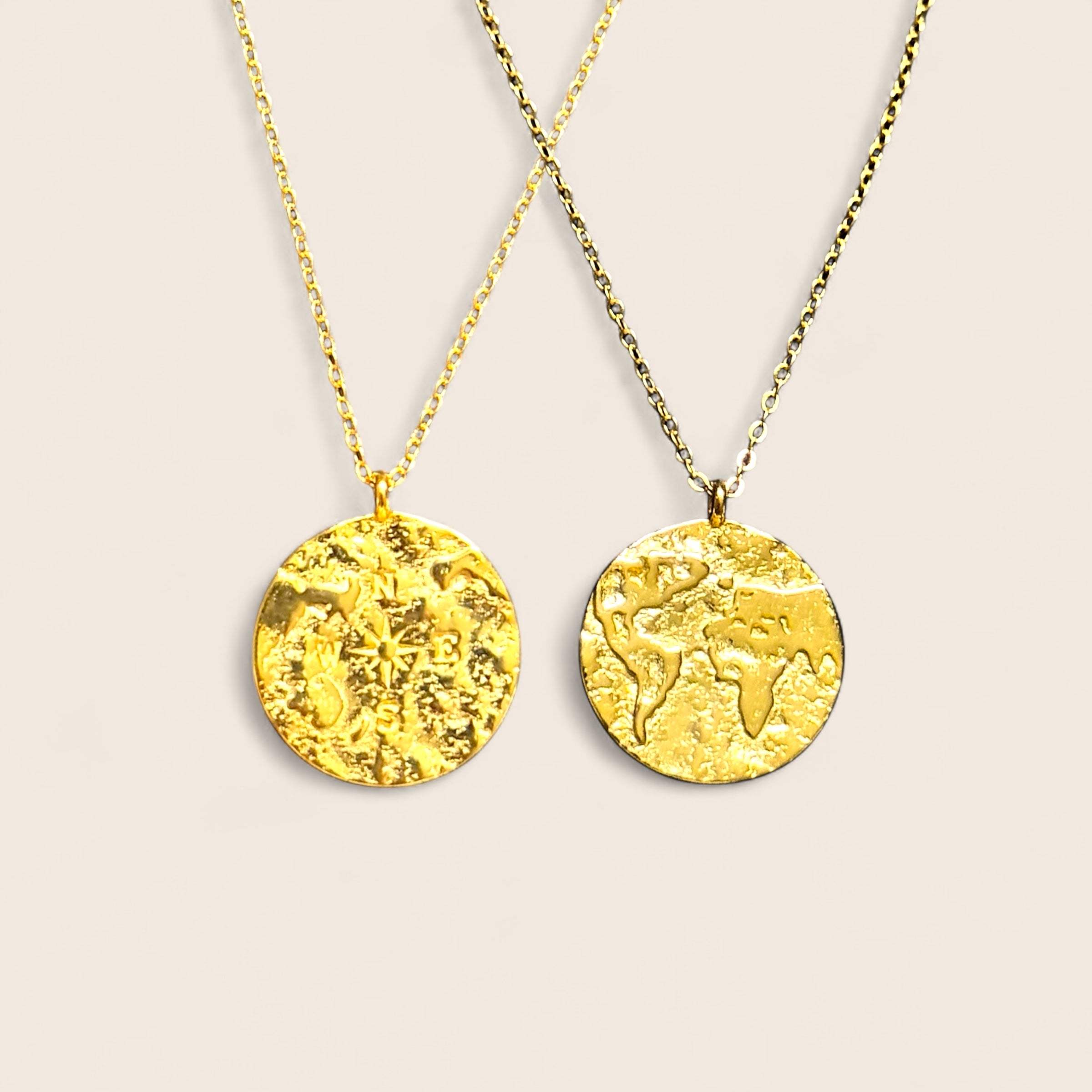 Round World Engraved Coins Two-Sided Travel-Lover Necklace 925 Silver 18K Gold Plated