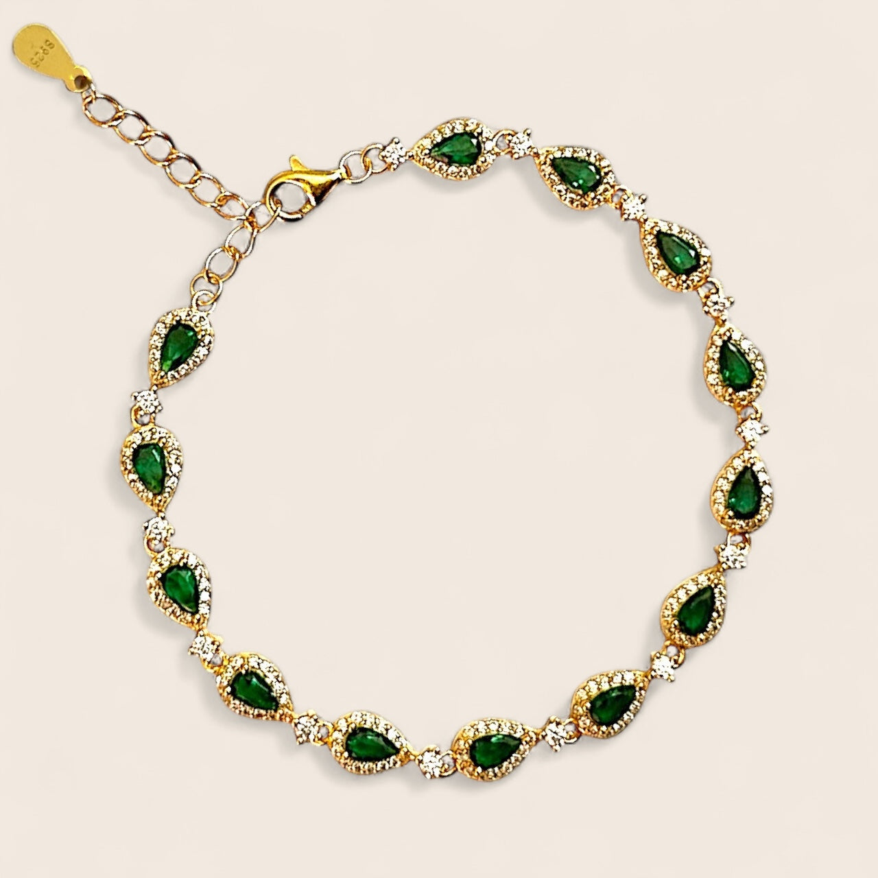 Emerald green diamond inlay drop design bracelet 925 silver gold plated