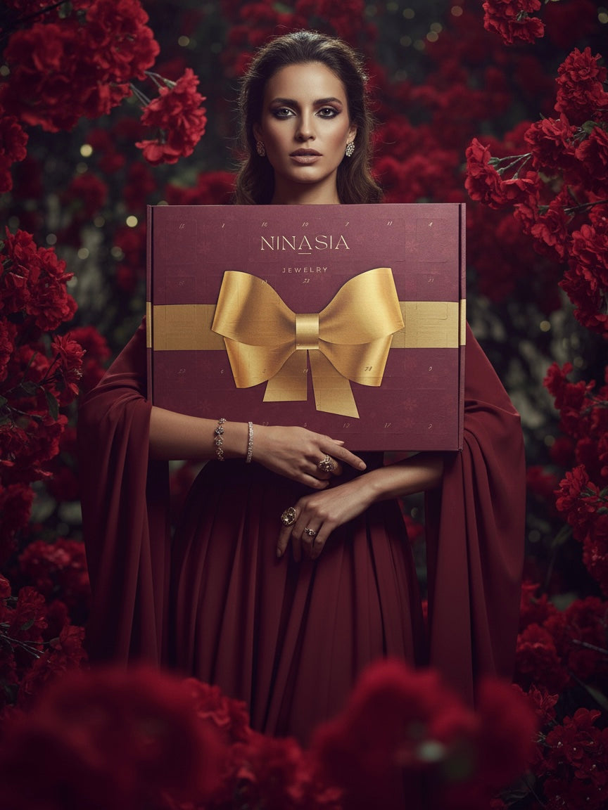 NINASIA Schmuck Adventskalender 2025 | Limited Edition mit 18K vergoldetem Edelstahl, vergoldetem Silber und Schmuck-Etuis