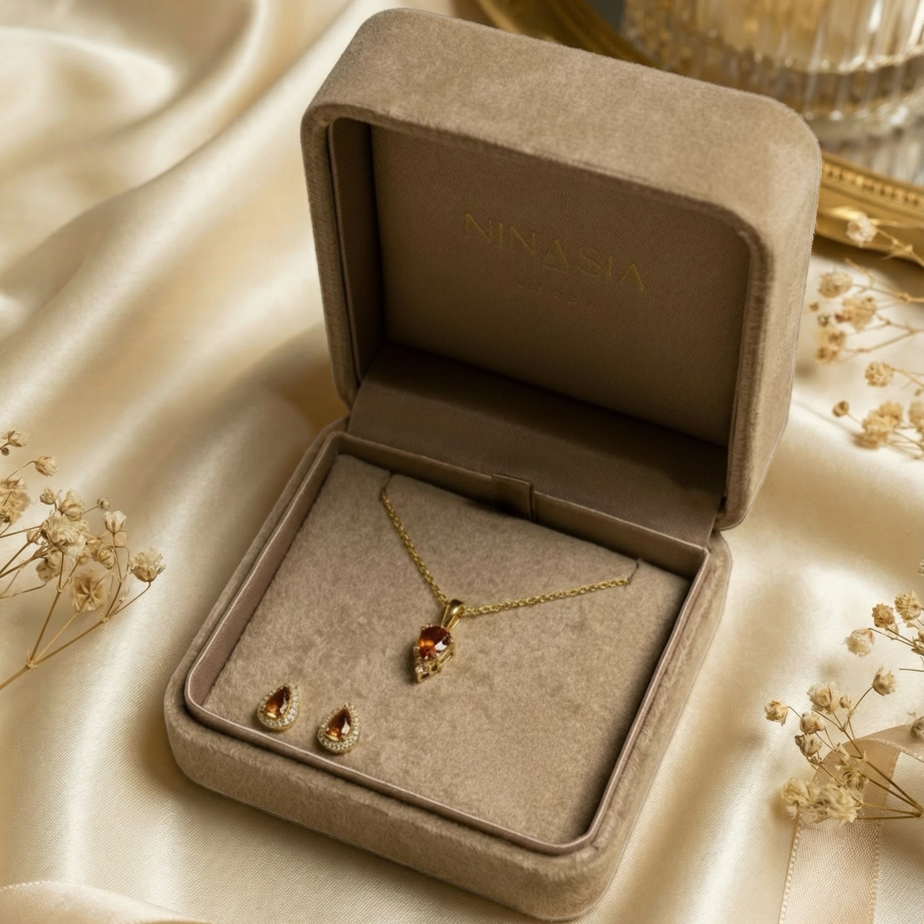 DARK ESPRESSO Schmuckset braune Halskette und Ohrringe aus 925 Silber 18K vergoldet