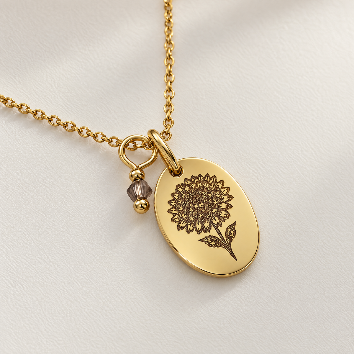 Fleury – Collier fleurs de naissance personnalisé avec pierre de naissance | Gravable des deux côtés | Acier inoxydable avec dorage IPG de haute qualité