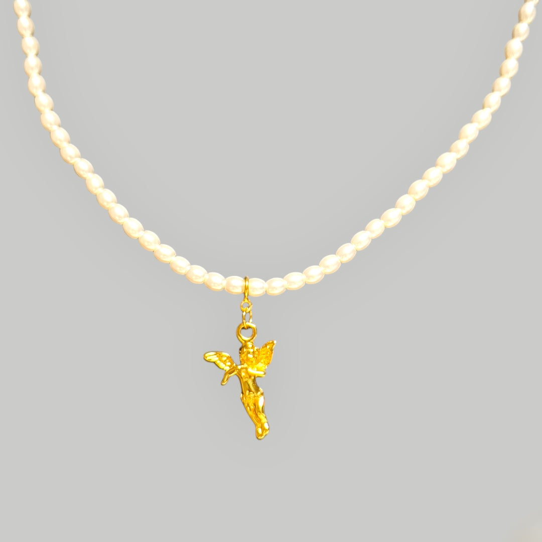 Minimalistische Schutzengel Perlenkette Engel Halskette 925 Silber vergoldet
