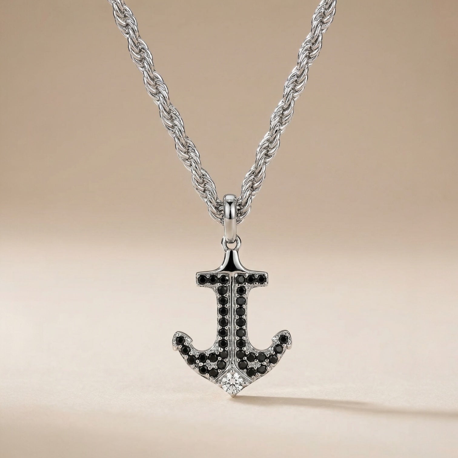 Herren Anker-Halskette Travel-Lover Diamantenschliff mit Zirkonia & schwarzen Steinen – 925 Silber, 18K vergoldet, Unisex