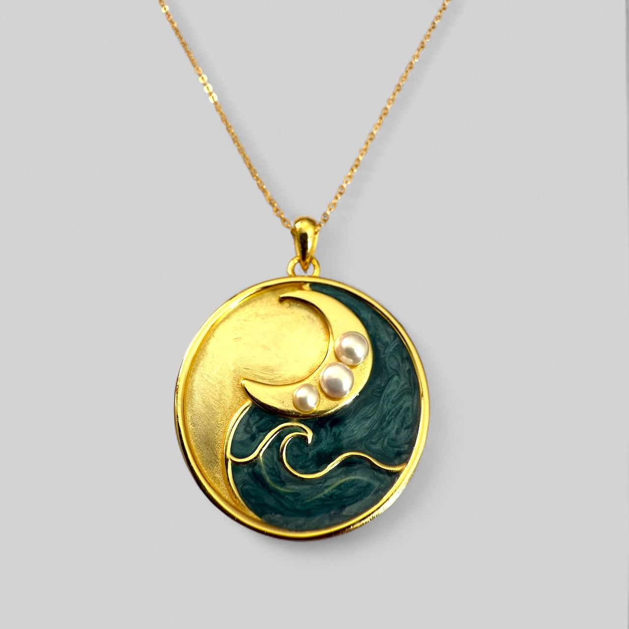Ocean Dreams – ocean-inspired, handmade waves and moon necklace with freshwater pearls – made of 925 silver 18K gold-plated