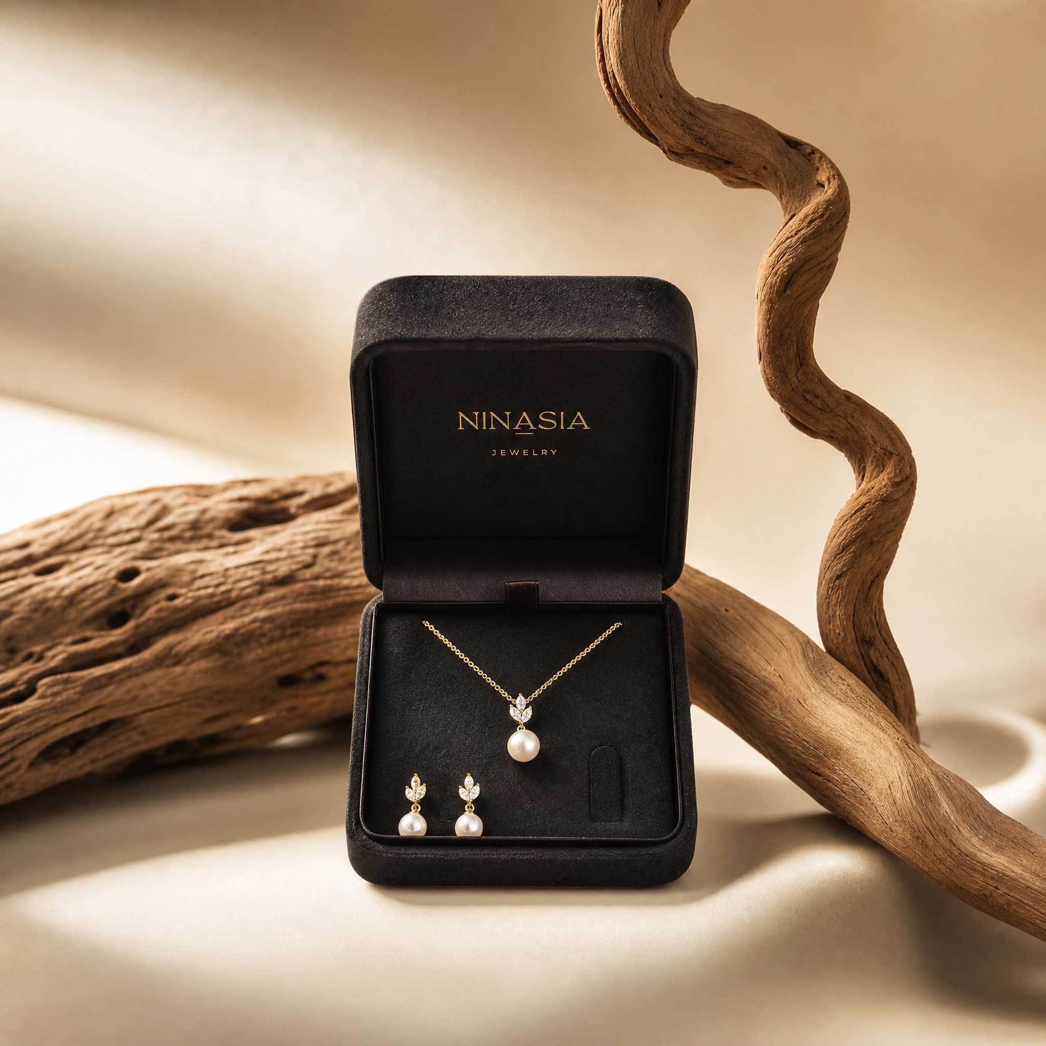 Princess Pearl Set with Zirconia – Necklace and Stud Earrings – 925 Silver Gold Plated