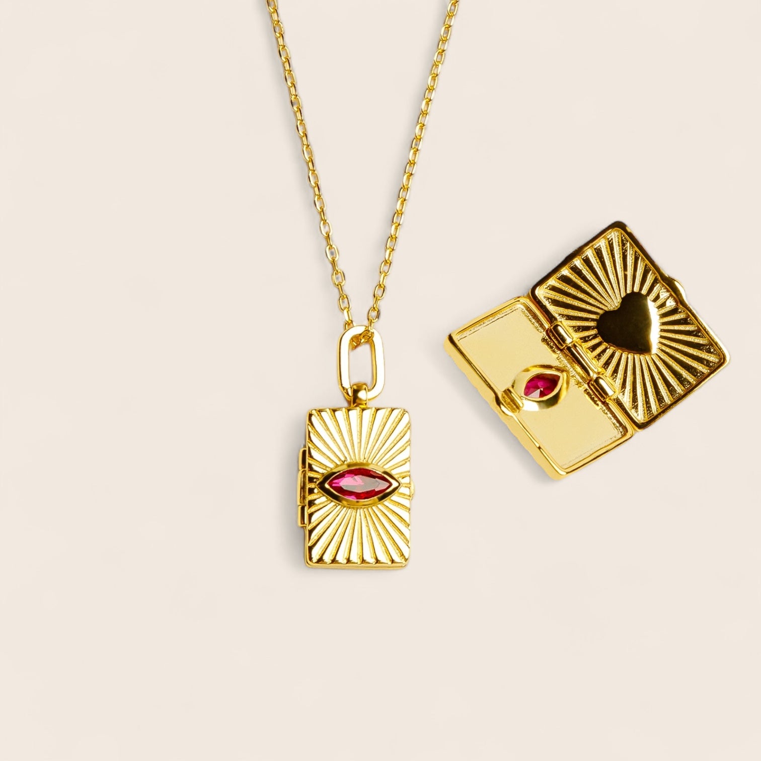 SENTIMENTAL FEELINGS – Ruby love book necklace with opening and storage, made of 925 silver 18K gold-plated