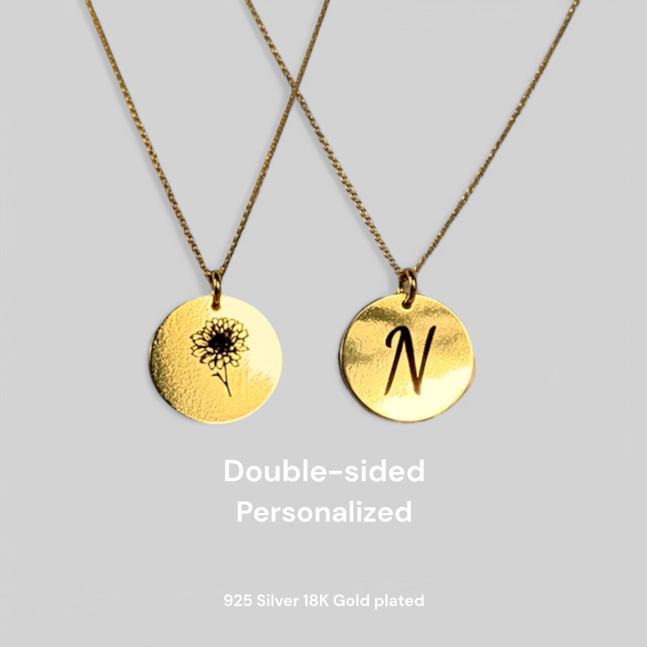 Personalisierte Geburtsblumen-Halskette – Beidseitig gravierbarer Anhänger aus 925 Silber vergoldet mit Initiale & Blumenmotiv