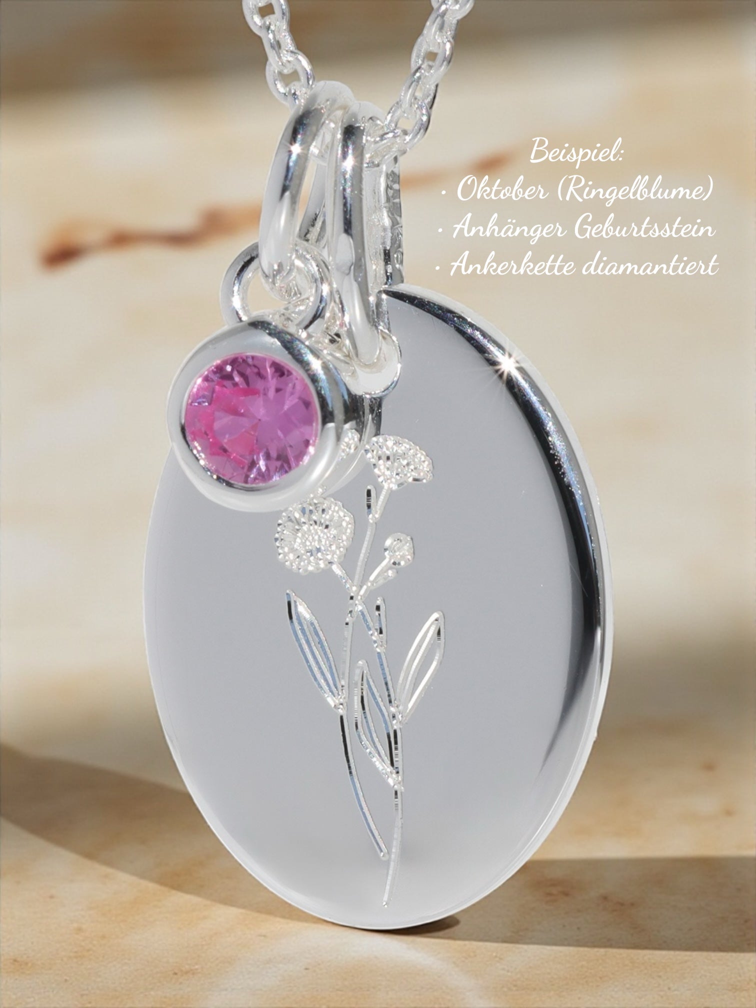 Oval birth flower pendant made of 925 silver or silver gold-plated – engravable gift