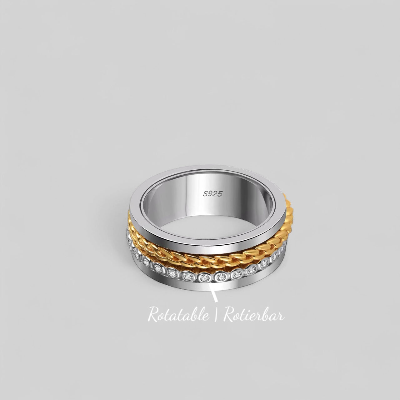Herren Fidget-Ring drehbar mit Zirkonia – zweifarbig, 925 Silber, 18K vergoldet
